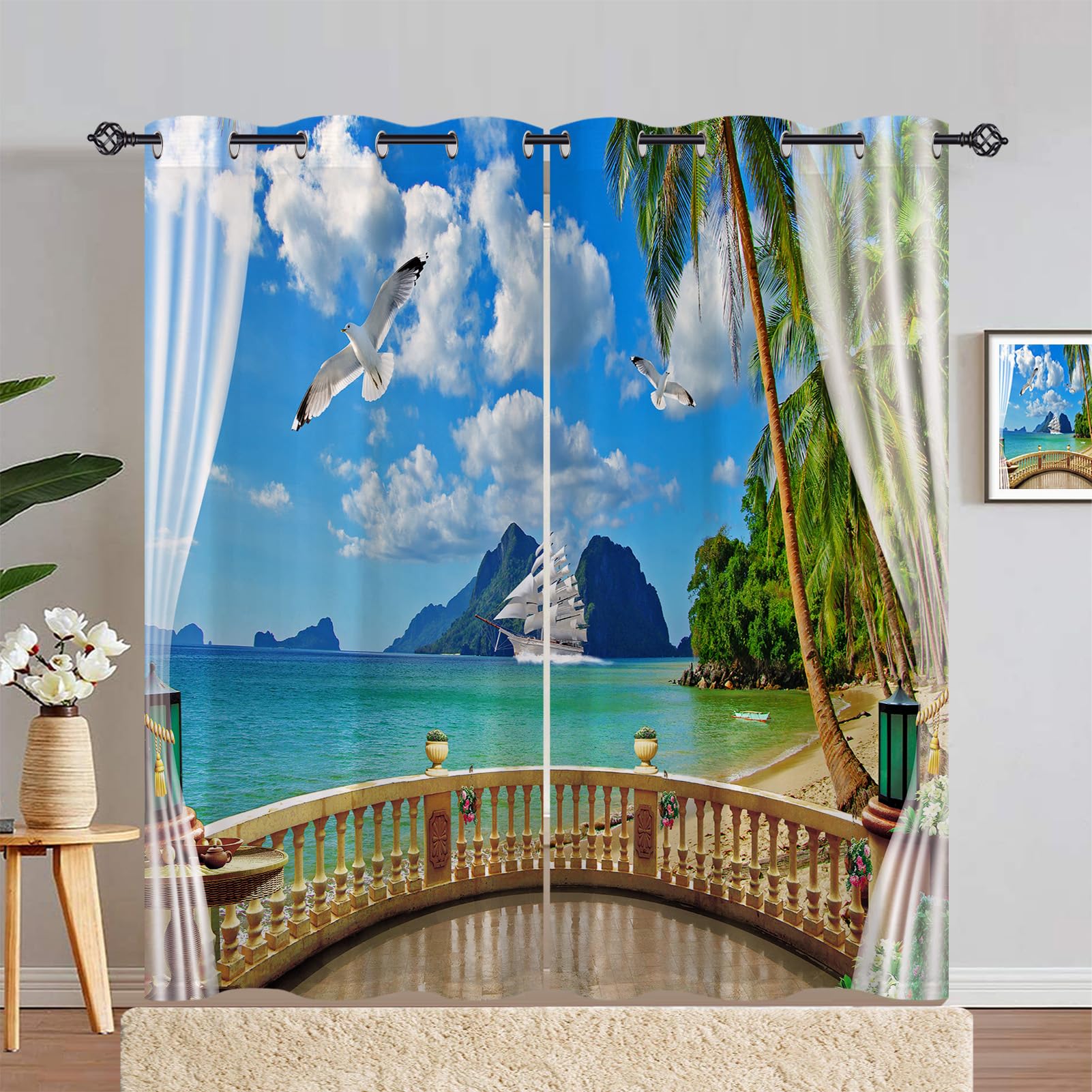 ANHOPE Ocean Beach Curtains Eyelet Ring Top Soft Thermal Insulated Blackout Curtains Balcony Island Sailboat Print Pattern Decorative Window Drapes for Bedroom Living Room 55 x 72 Drop Inch 2 Panels โ image 1