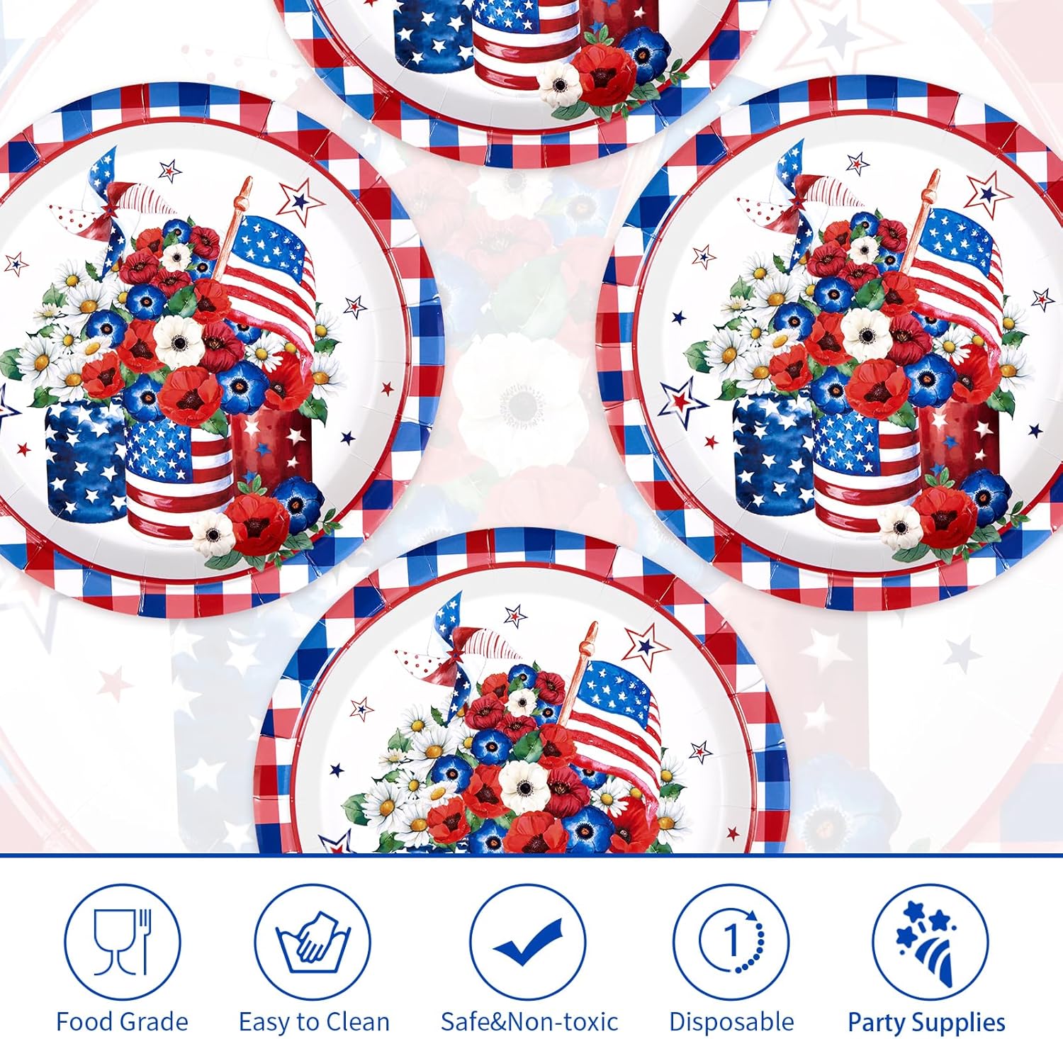 Grencian 50Pcs 4th of July Flower Memorial Day Plates 10" Buffalo Plaid Vases Flowers Patriotic Plates Disposable American Flag Tableware for 4th of July Independence Day Veterans Day Party Decor