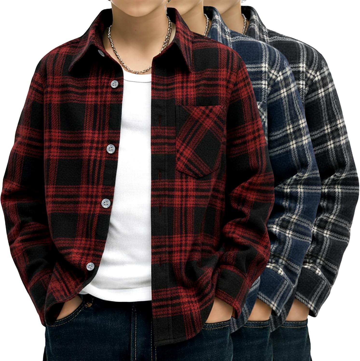 Xaatren 3 Pack Boys' Flannel Plaid Shirts Lightweight Long Sleeve Button up Shirts Slim Fit Casual Toddler's Christmas Outfit