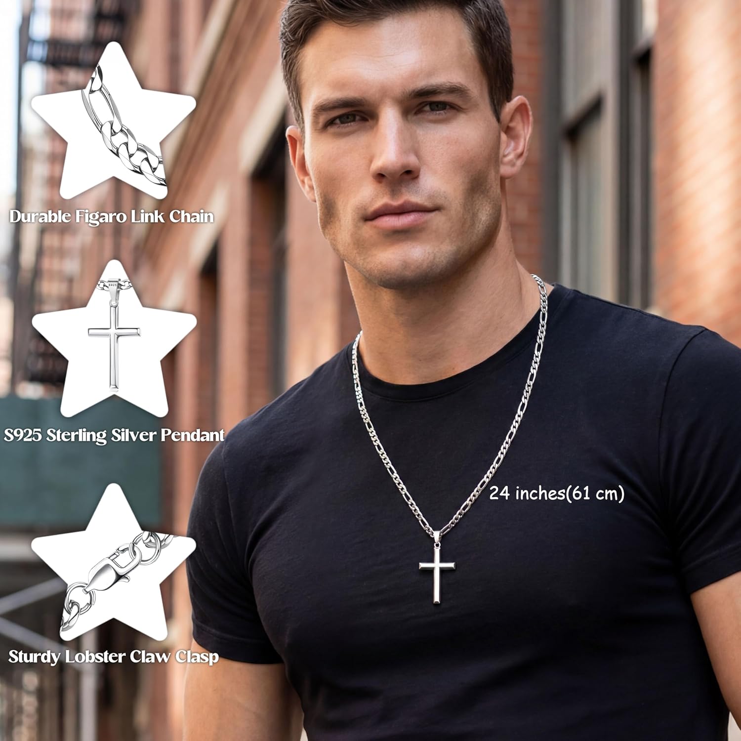 MILACOLATO 925 Sterling Silver Cross Necklace for Men Women - 5mm Durable 316L Stainless Steel Figaro Link Chain with Beveled Edge Cross Pendant, Silver Crucifix Necklaces Jewelry, 16-30'' Christian Baptism Gift - Image 2