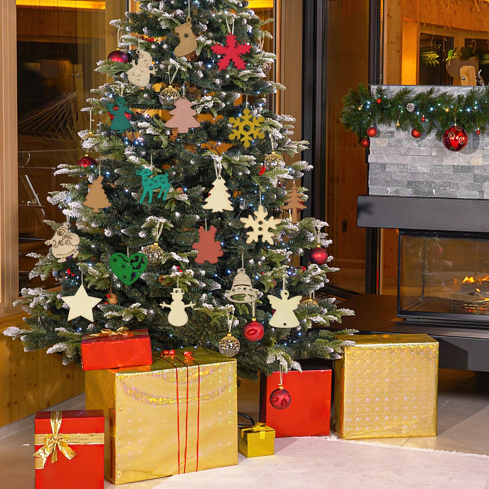 Ornamenti Natalizi in Legno , 100 Pezzi Natale Ciondolo in Legno Decorazioni Albero di Natale in Legno Pendenti Natalizi in Legno per Decorare Albero