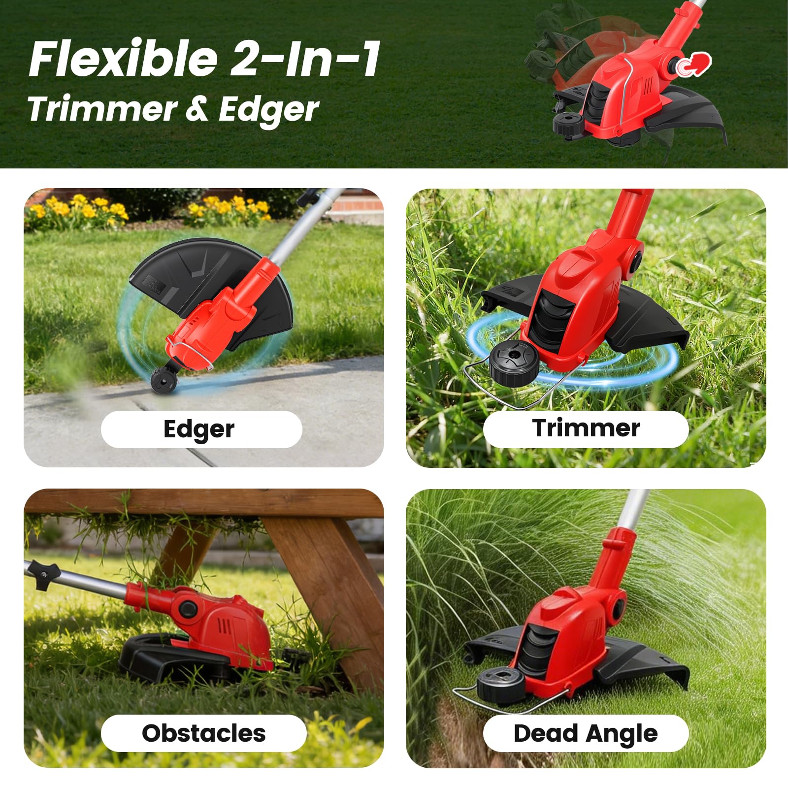 Recortadora de hilo inalámbrica Weed Wacker de 21 V con 2 baterías de 4.0 Ah y cargador rápido, recortadora de césped de alimentación automática de 12 pulgadas, comedor de malas hierbas eléctrico 2 en