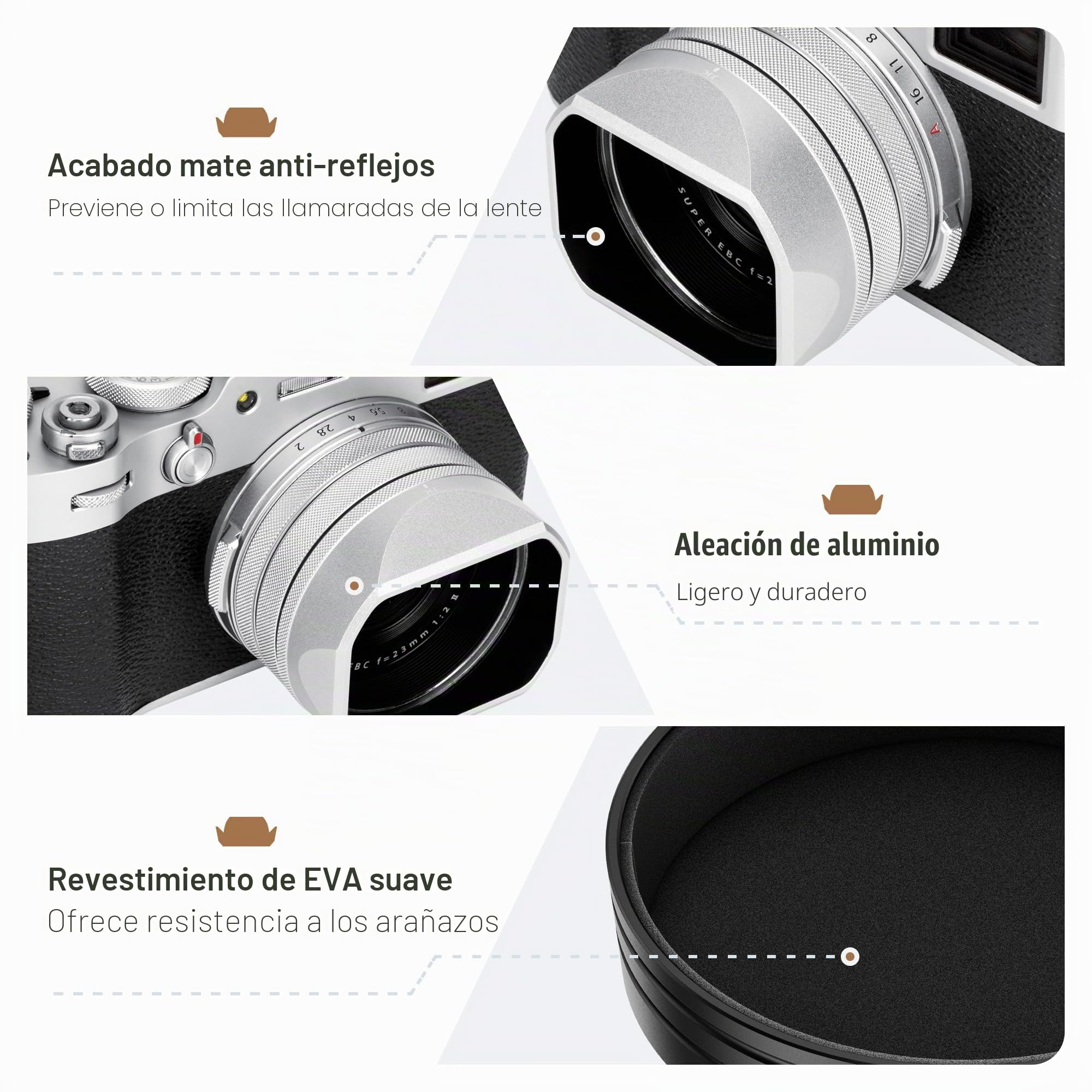 JJC Parasol clásico cuadrado de metal con anillo adaptador de 49 mm + tapa de capucha para cámara Fujifilm X100VI Fuji X100V Fuji X100F - Soporte de filtro de 49 mm, color plateado
