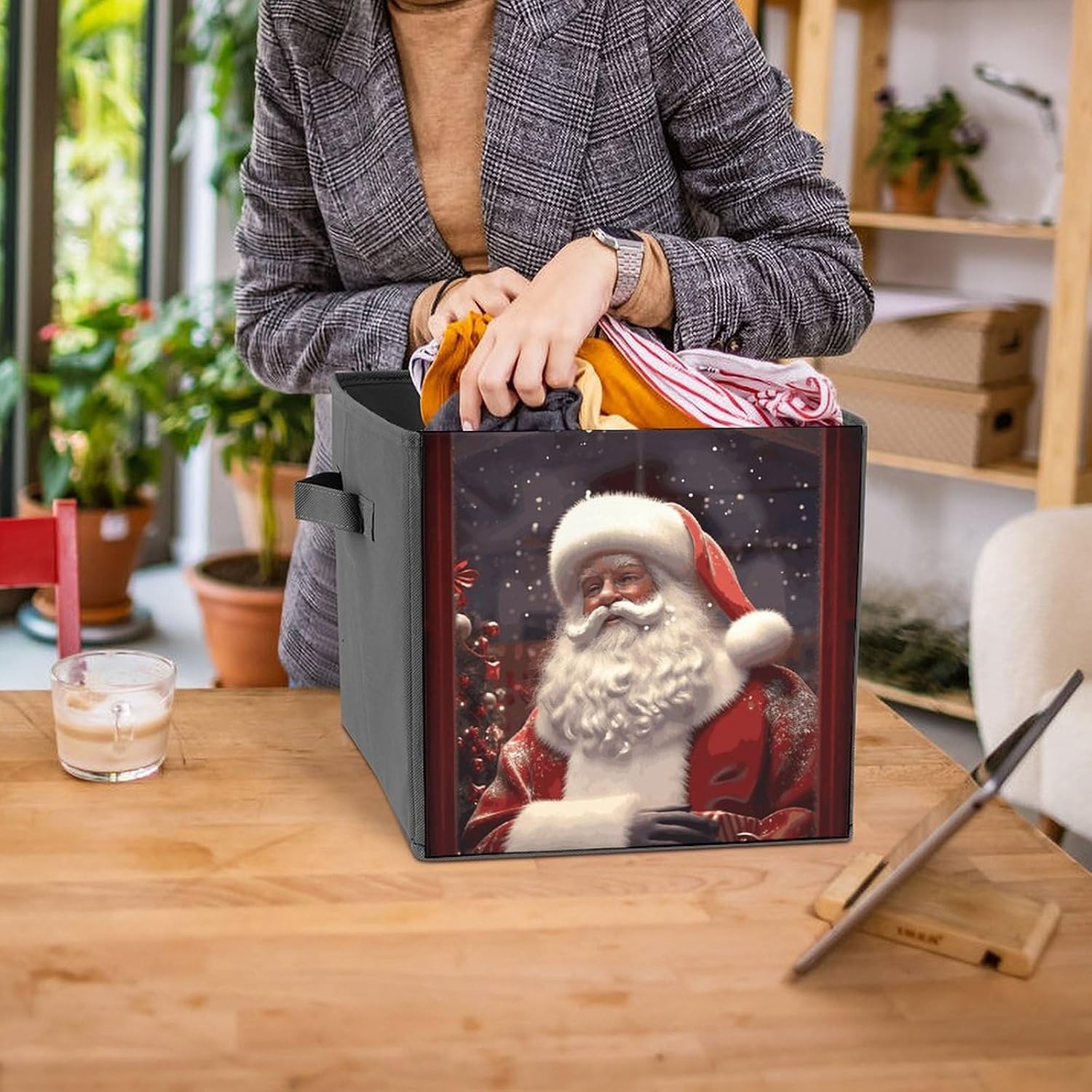 Folding Storage Bins Oxford Fabric Clothes Storage Boxes with Handles | Santa Claus Cube Organizer, Easy to Store, Multi Functional Cube Storage Organizer for Office Bedroom