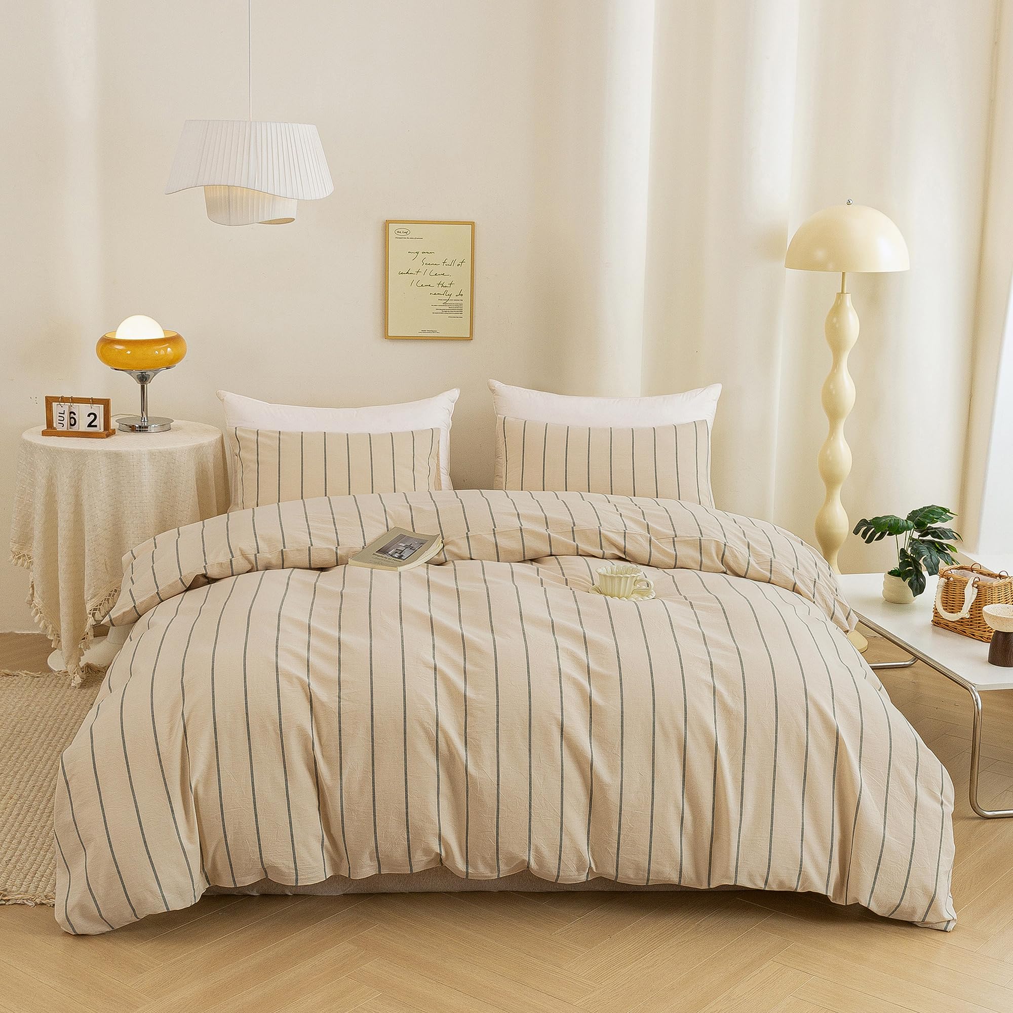 ECOCOTT Striped Duvet Cover Queen Size, 100% Washed Cotton Linen Feel Comforter Cover, 3PCS Vertical Stripe Bedding Set with Zipper Closure &amp; Corner Ties