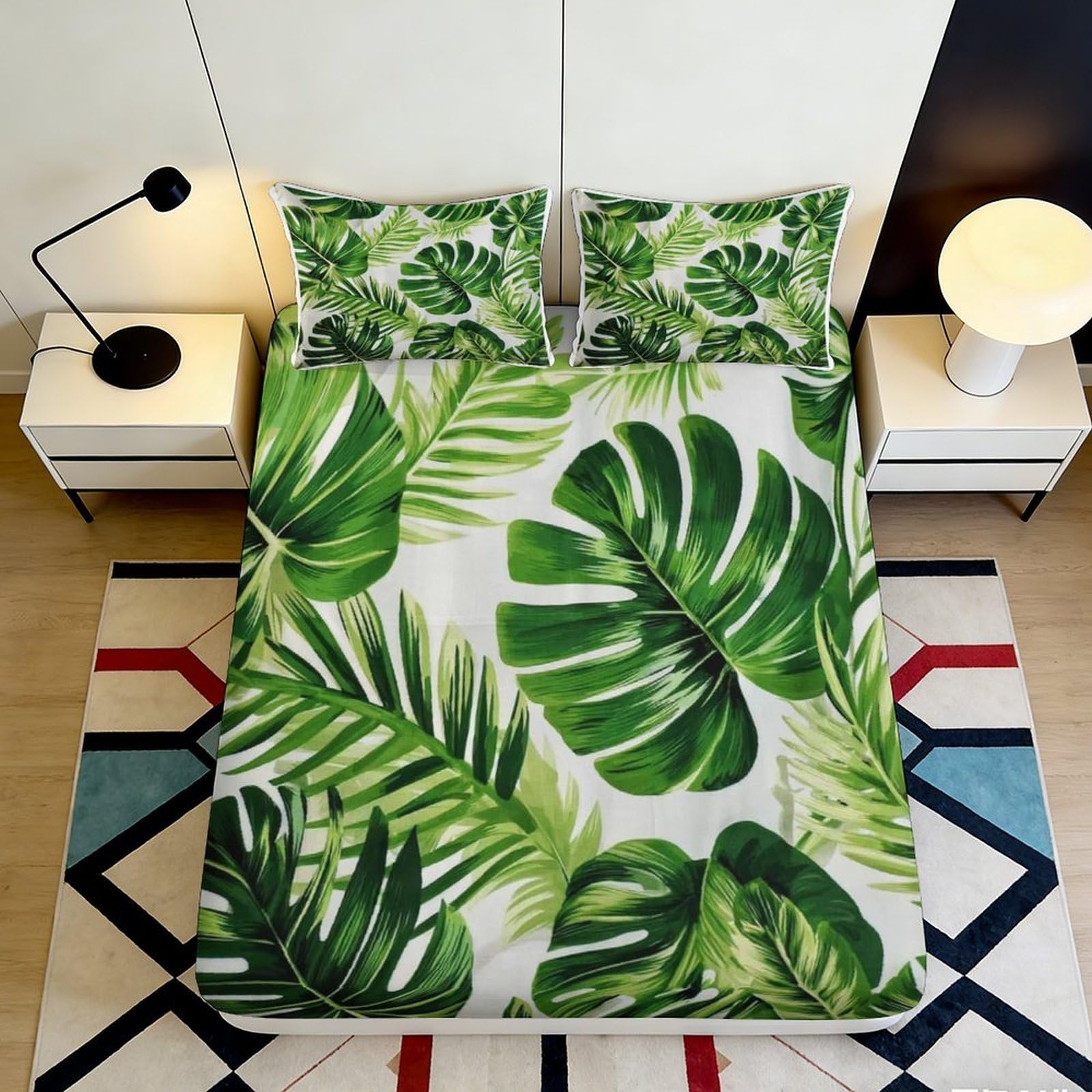 3D Printed Tropical Monstera Leaf Fitted Sheet Microfiber Green Botanical Palm Mattress Cover for Bedroom Guest Room Decor 90x200x25cm