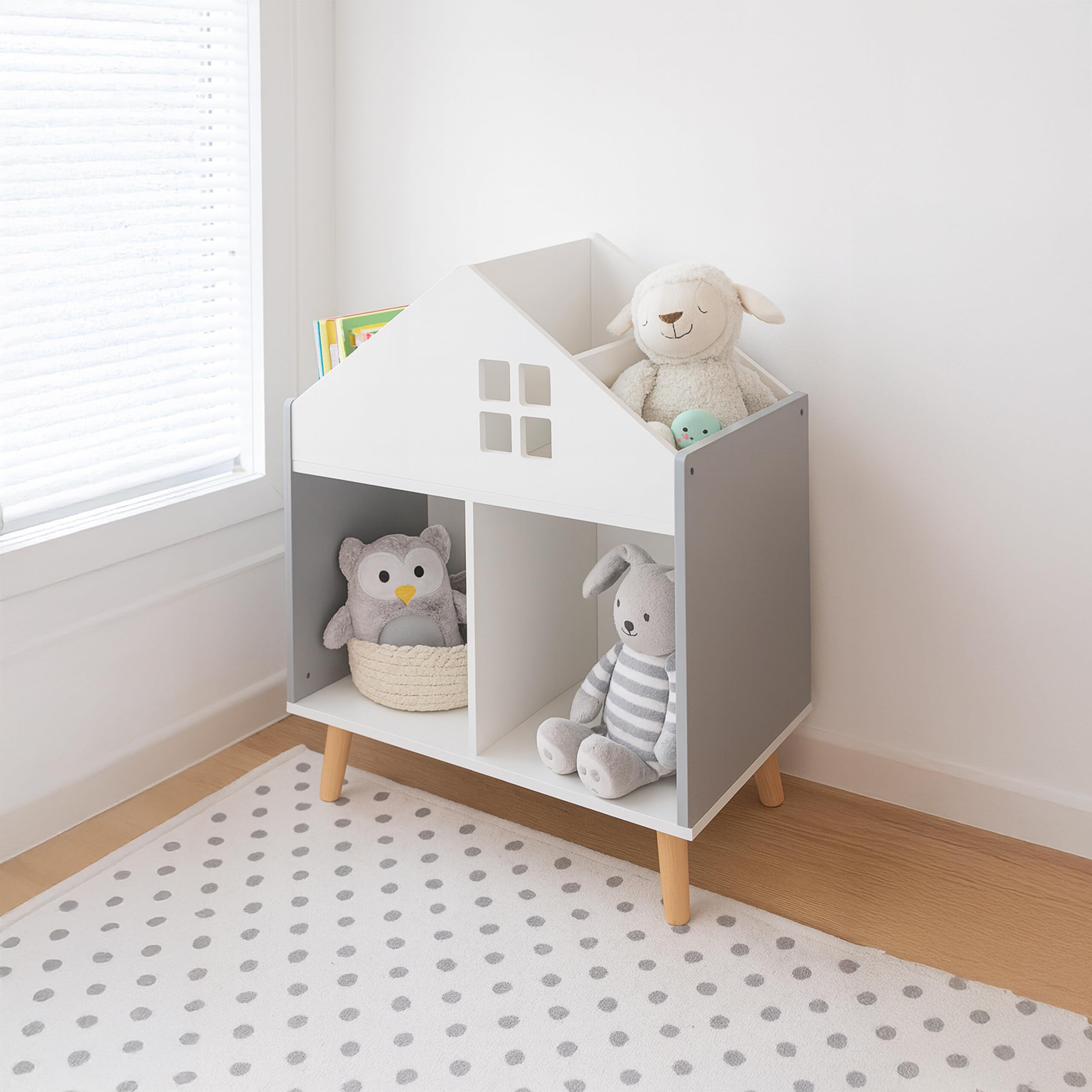 Relaxdays Regał dziecięcy w kształcie domu, 6 przegródek, wys. x szer. x gł.: 65,7 x 60 x 30 cm, regał na zabawki, schowek do pokoju dziecięcego, biały/szary