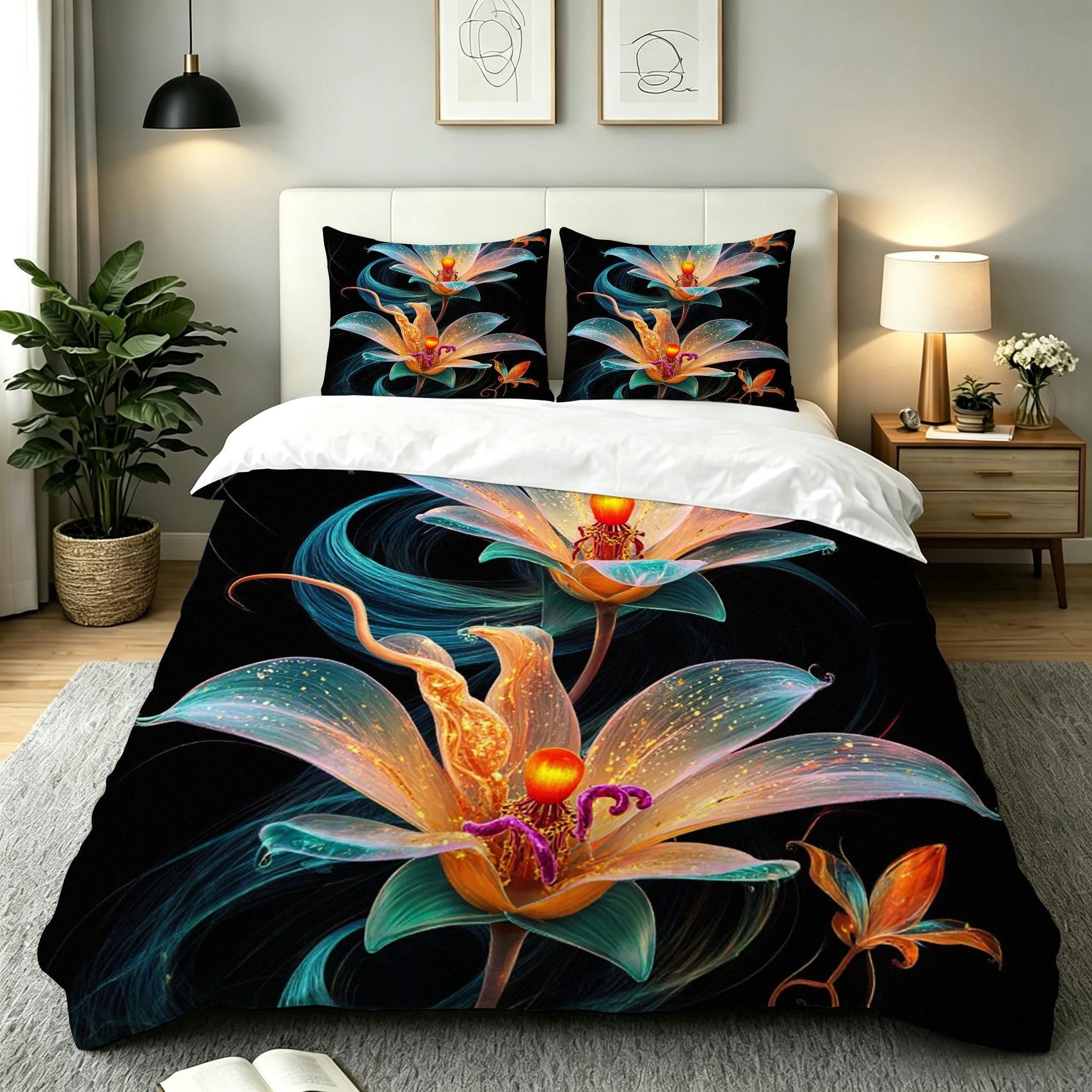 Housse de couette 160x200 fleurs orange : finie la couette qui glisse la nuit
