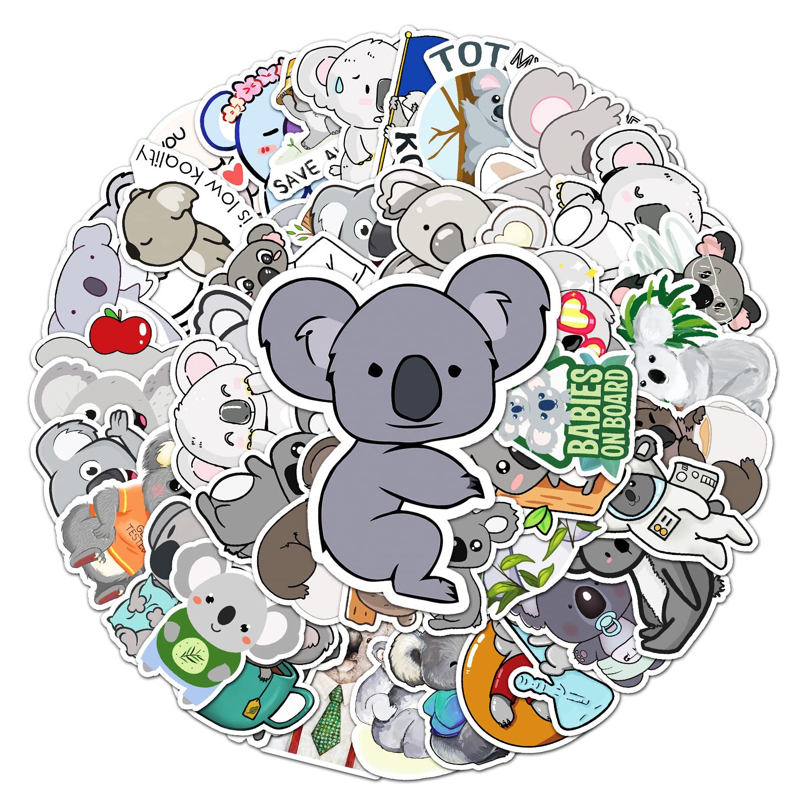50 Pack Cute Cartoon Koala Stickers Water Bottles Laptop Car Hydroflasks Phone Guitar Skateboard Computer Cute Animal Koala Bear Vinyl Sticker Waterproof Aesthetic Trendy Decals for Teens Boys Adults