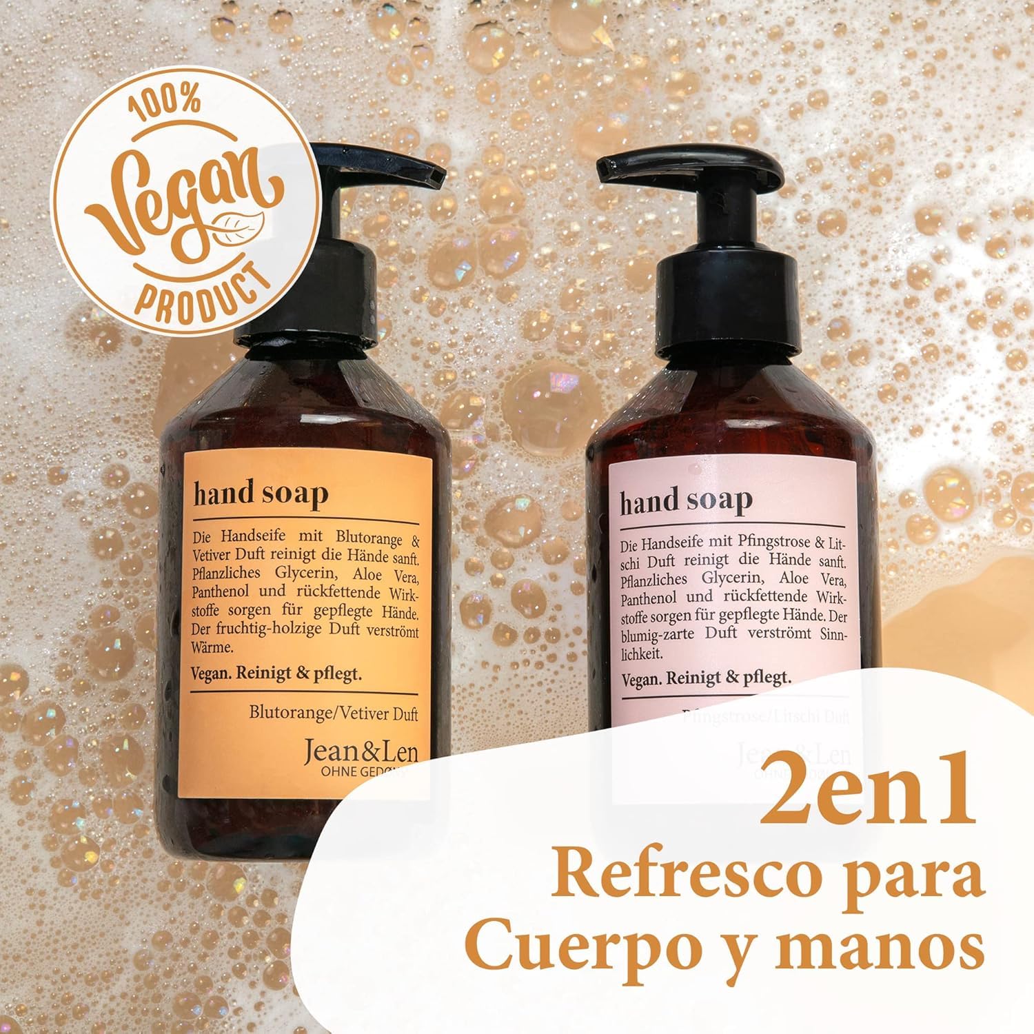 Jabón líquido para manos Jean & Len de naranja sanguina y vetiver, en set, limpia suavemente las manos, jabón líquido en dispensador con bomba, aroma afrutado, sin parabenos, vegano, 6 x 250 ml