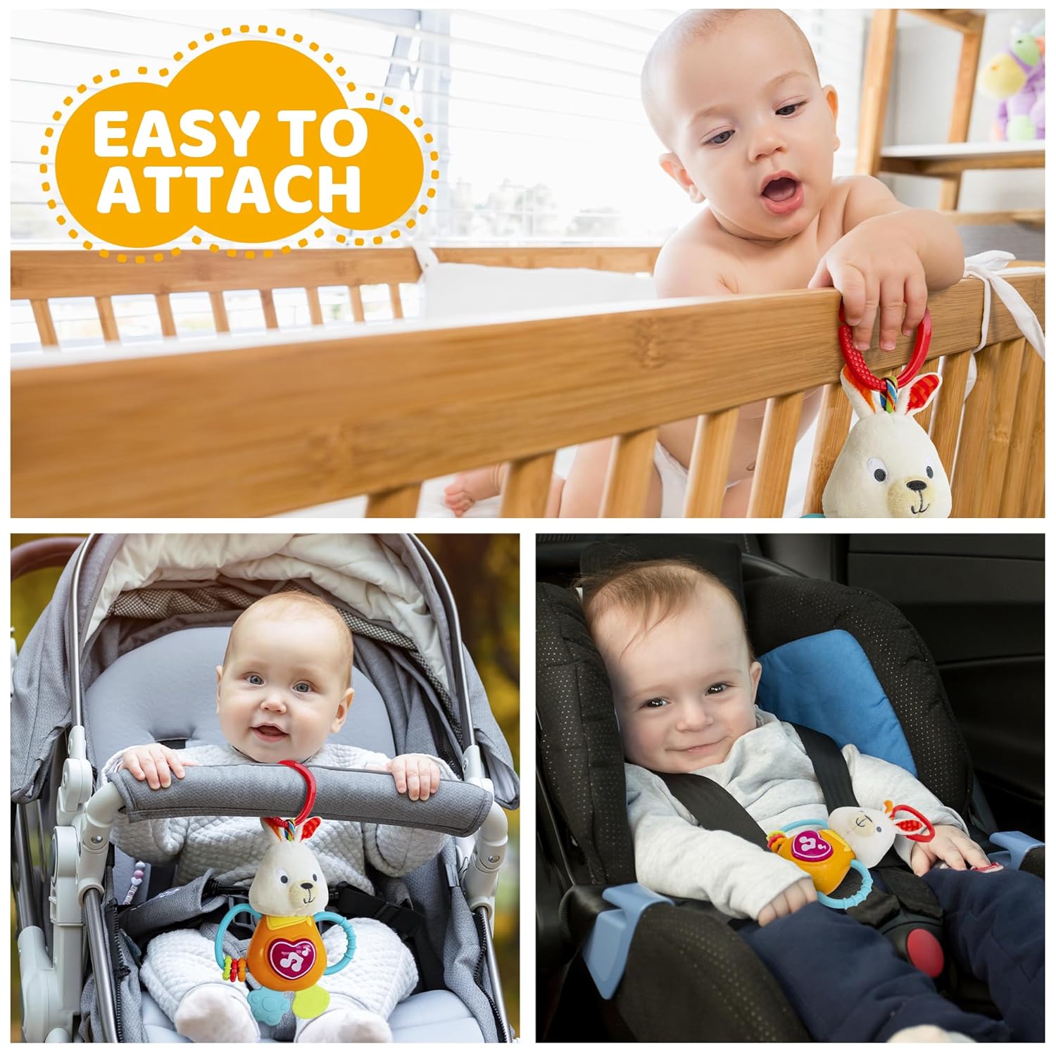 KiddoLab Easter Bunny Teething & Rattle Musical Toy for Infants and Babies - Light-up, Sensory Chew & Interactive Toy for Infants - Baby Basket Stuffer for 3 Months and Up