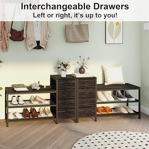 Miniatura 8 de EXOTICA Banco de almacenamiento de zapatos de 3 niveles con 4 cajones de tela, marco de metal y tabla de madera, zapatero con asiento para entrada,
