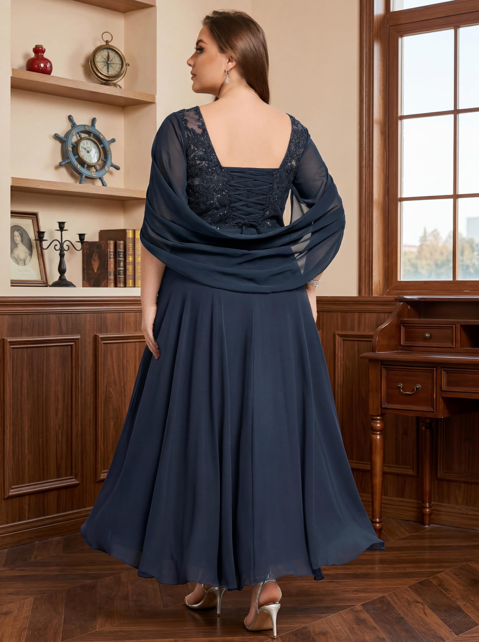 Große Größe Brautmutterkleid für Hochzeit,Damen Spitze Abendkleid mit Cape Chiffon Kleider für Hochzeitsgäste