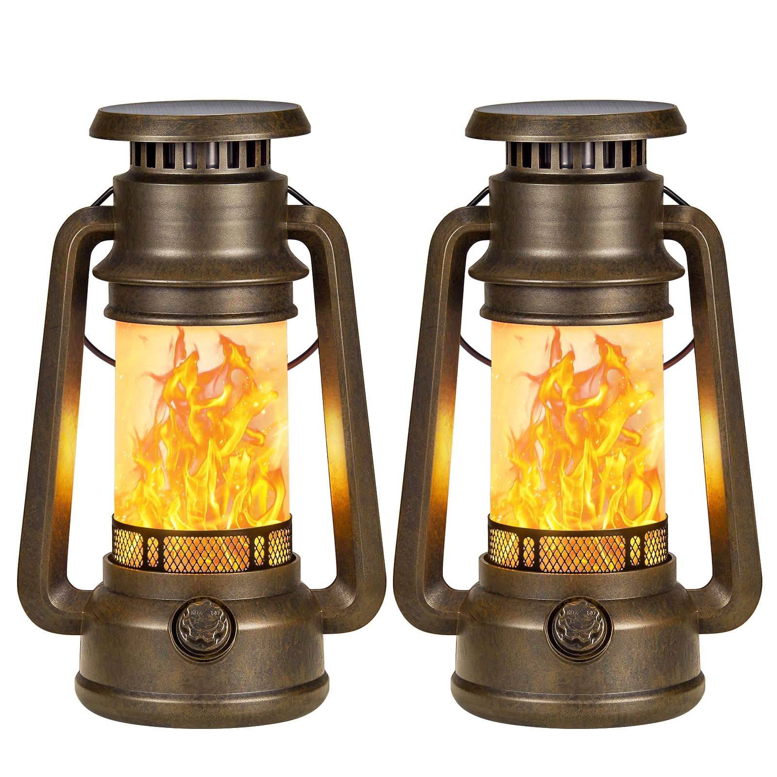RECHOO Solarlampen für Außen Hängend, 2 Stück Vintage Solar Laternen für Draußen LED mit Flammeneffekt Solarlampen, IP65 Wasserdicht Solarleuchten Balkon Tisch Garten Camping Deko