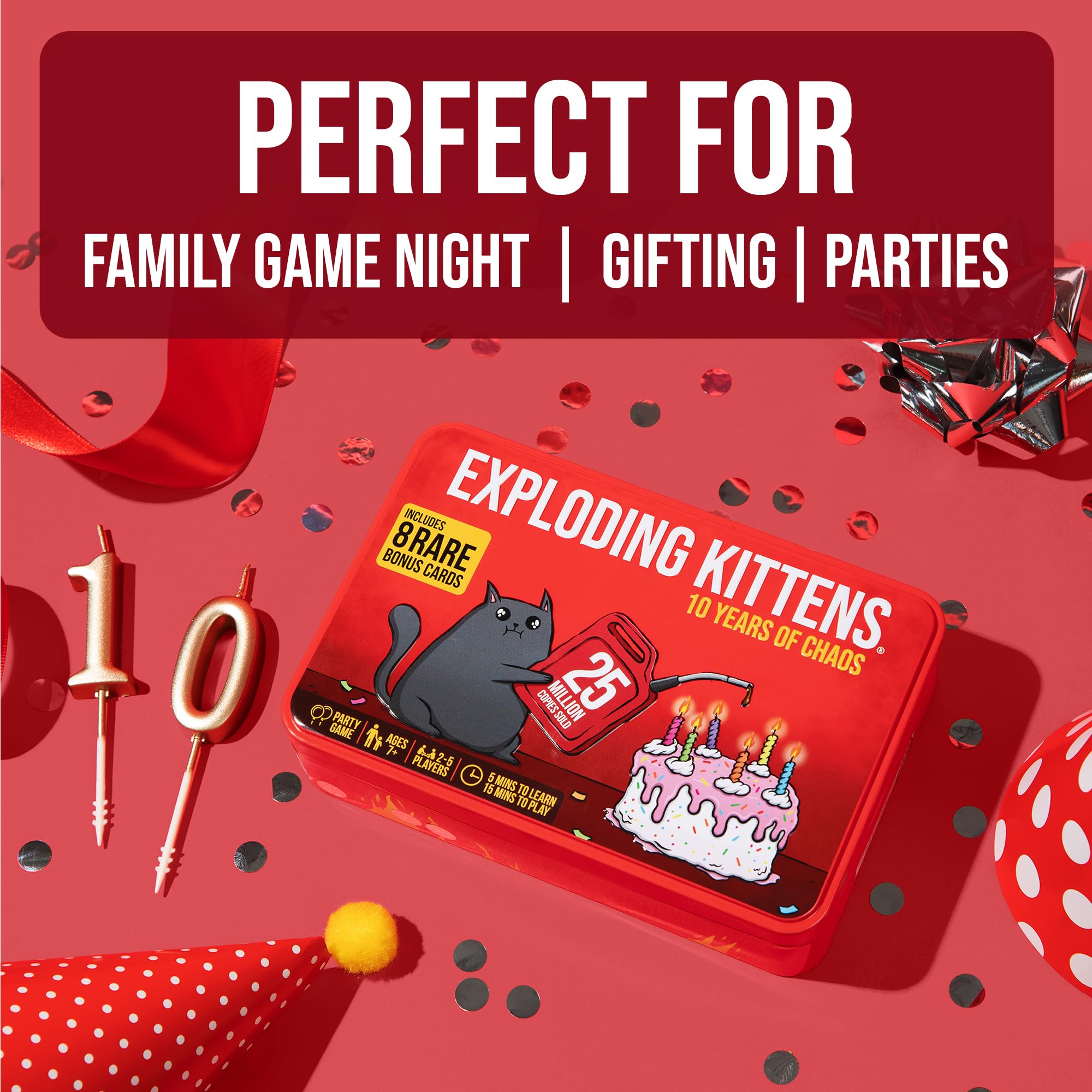 Exploding Kittens 10th Anniversary Collectible Tin 2-5 Players, Ages 7+ | Celebrate 10 years of chaos with Exploding Kittens! Travel ready tin includes core game and 8 unique legacy cards.
