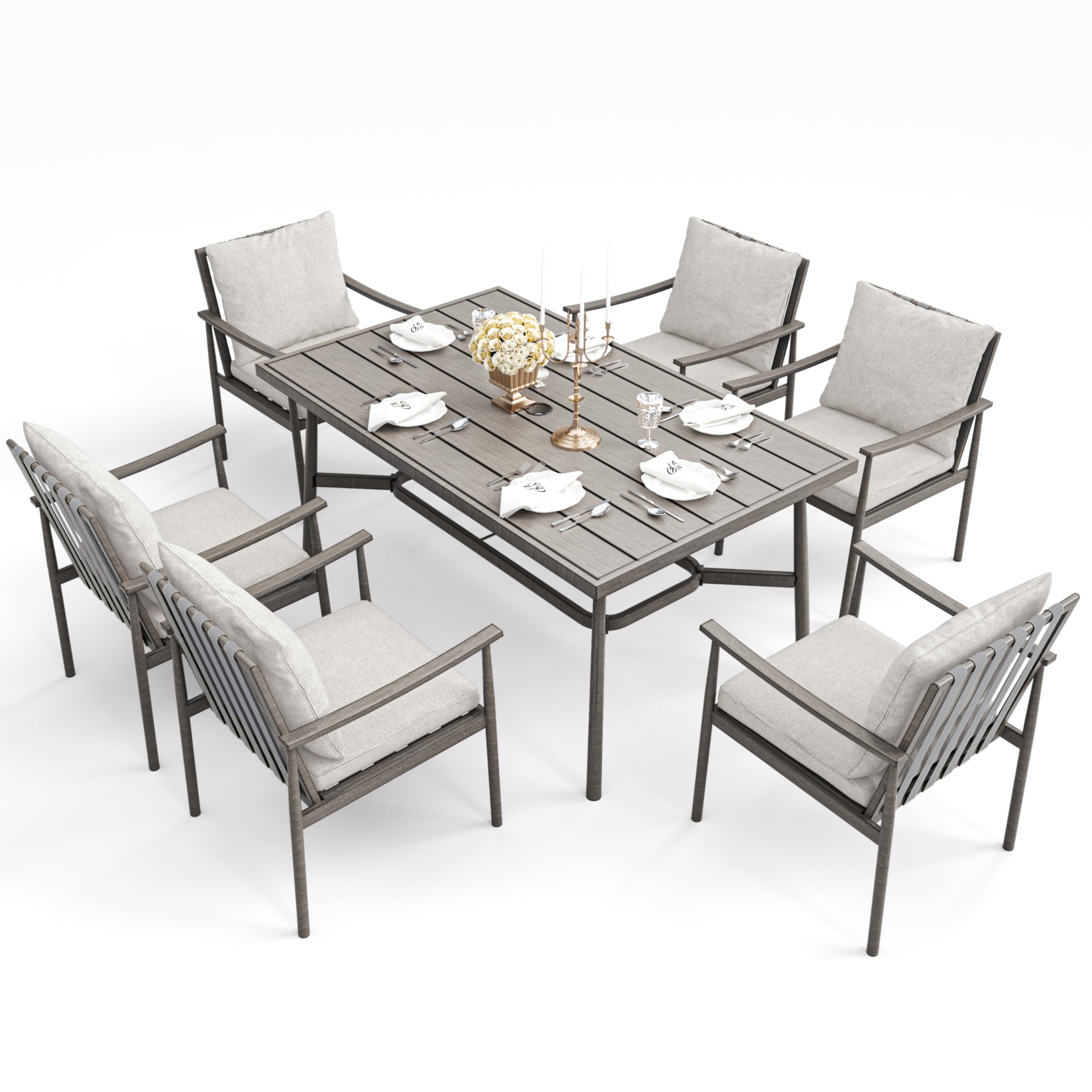 HAPPATIO 7-Piece Outdoor Dining Set for 6, Aluminum Patio Dining Set Includes 6 Dining Chairs and 1 Large Rectangular Table with Umbrella Hole, Patio