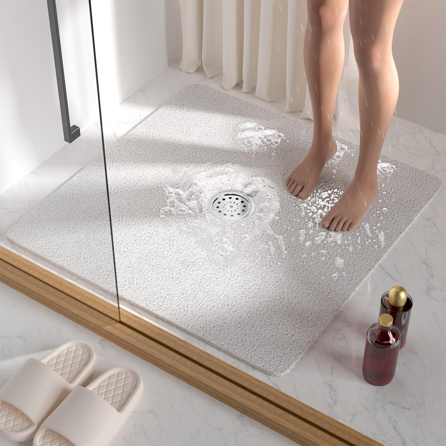 HITSLAM Square Shower Mat, 27 x 27 Inch Non Slip Bath Mat for Tub, Soft PVC Loofah Bathtub Mats with Drain Holes, Quick Drying Bathroom Stall Floor