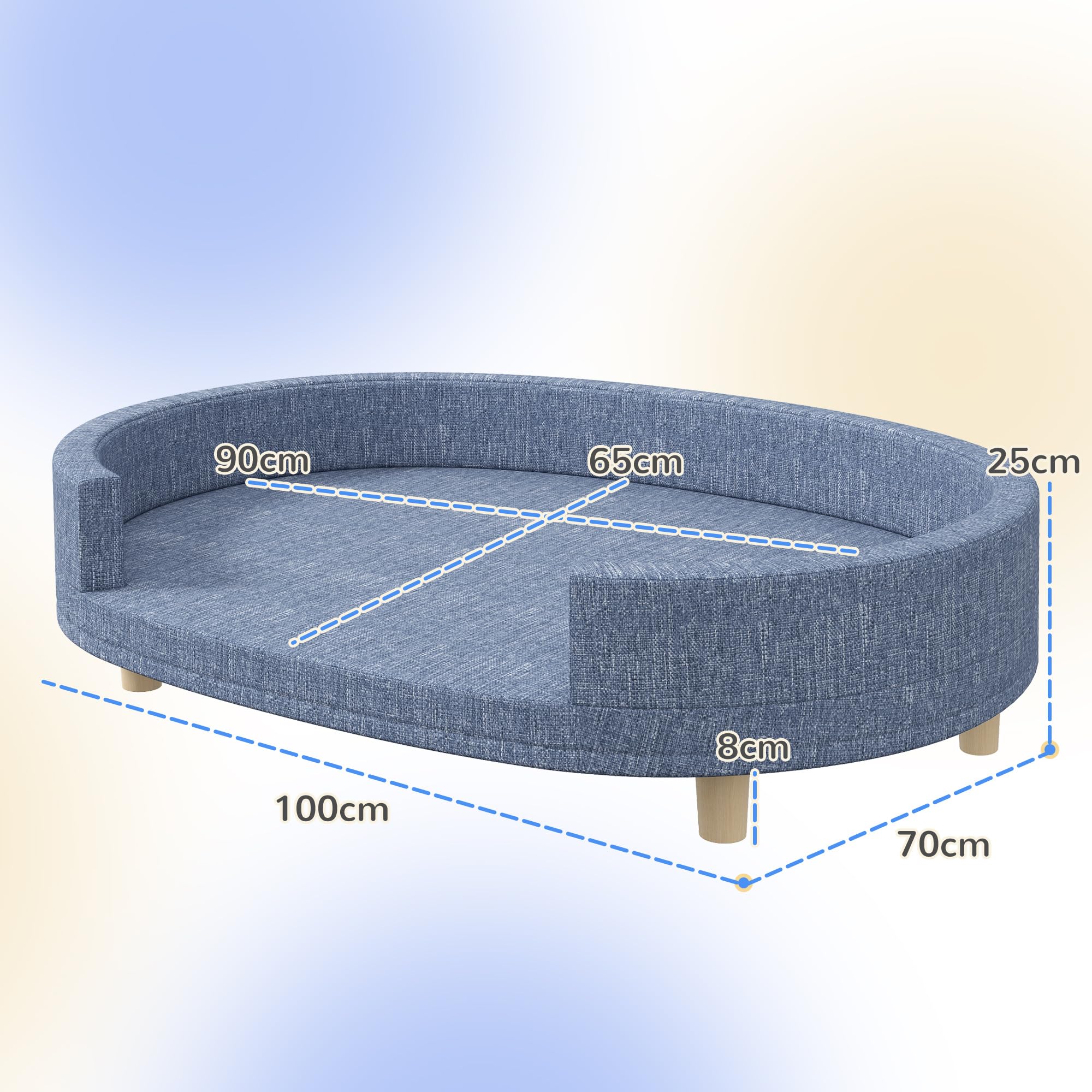 PawHut Sofá para Perros Grandes Sofá para Mascotas con Funda Lavable Cojín Desmontable y Patas de Madera de Pino Carga 30 kg para Interior 100x70x25 cm Azul