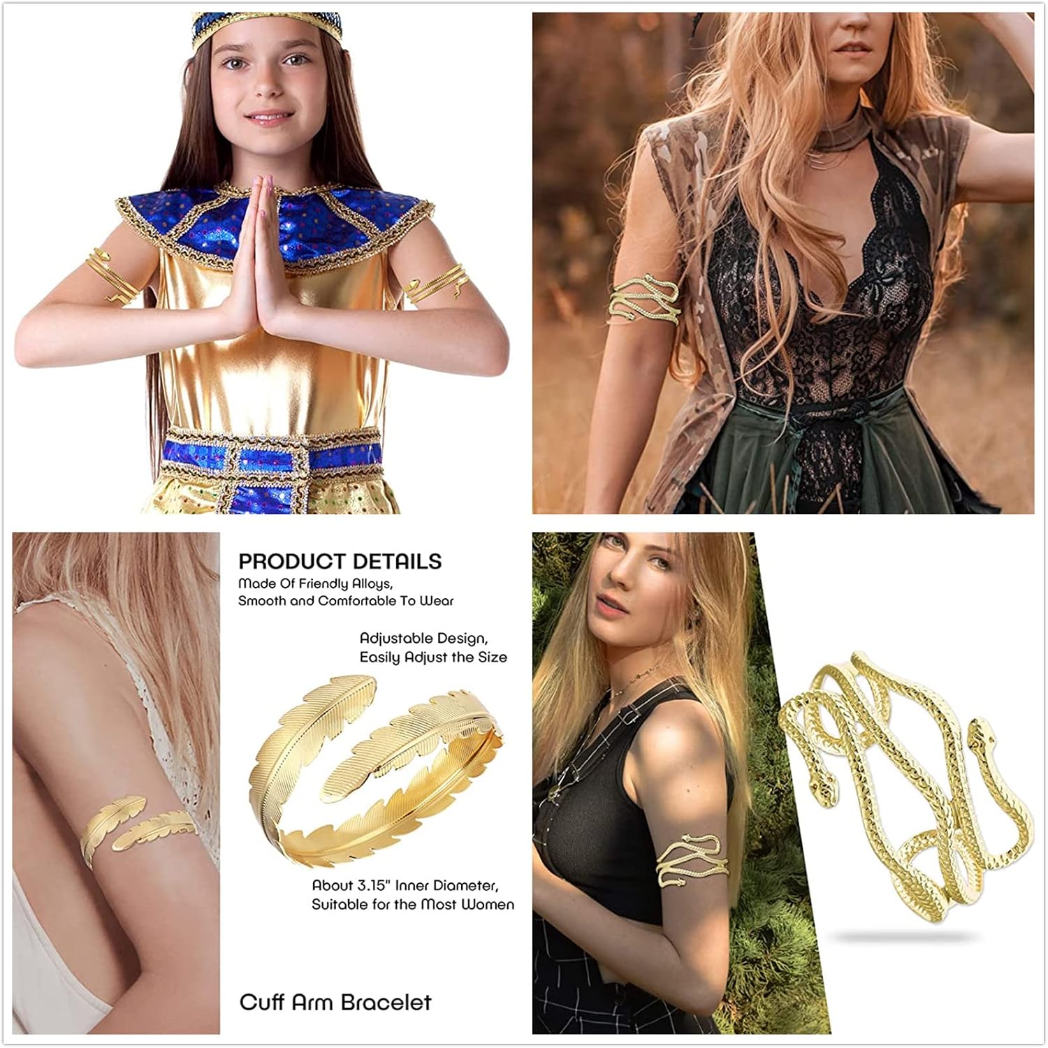 PPX 4 Pcs Green Eye Snake Serpent Hand Wrap Around Rhinestone Bracelet and Chic Egypt Cleopatra Swirl Snake Arm Cuff Armlet Armband Open Bangle Bracelet Gold