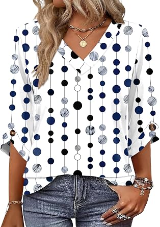 OFEEFAN 3/4 Length Sleeve Womens Tops Dressy Casual Blouses V Neck T Shirts Summer Tops Spring Outfits Loose Fit