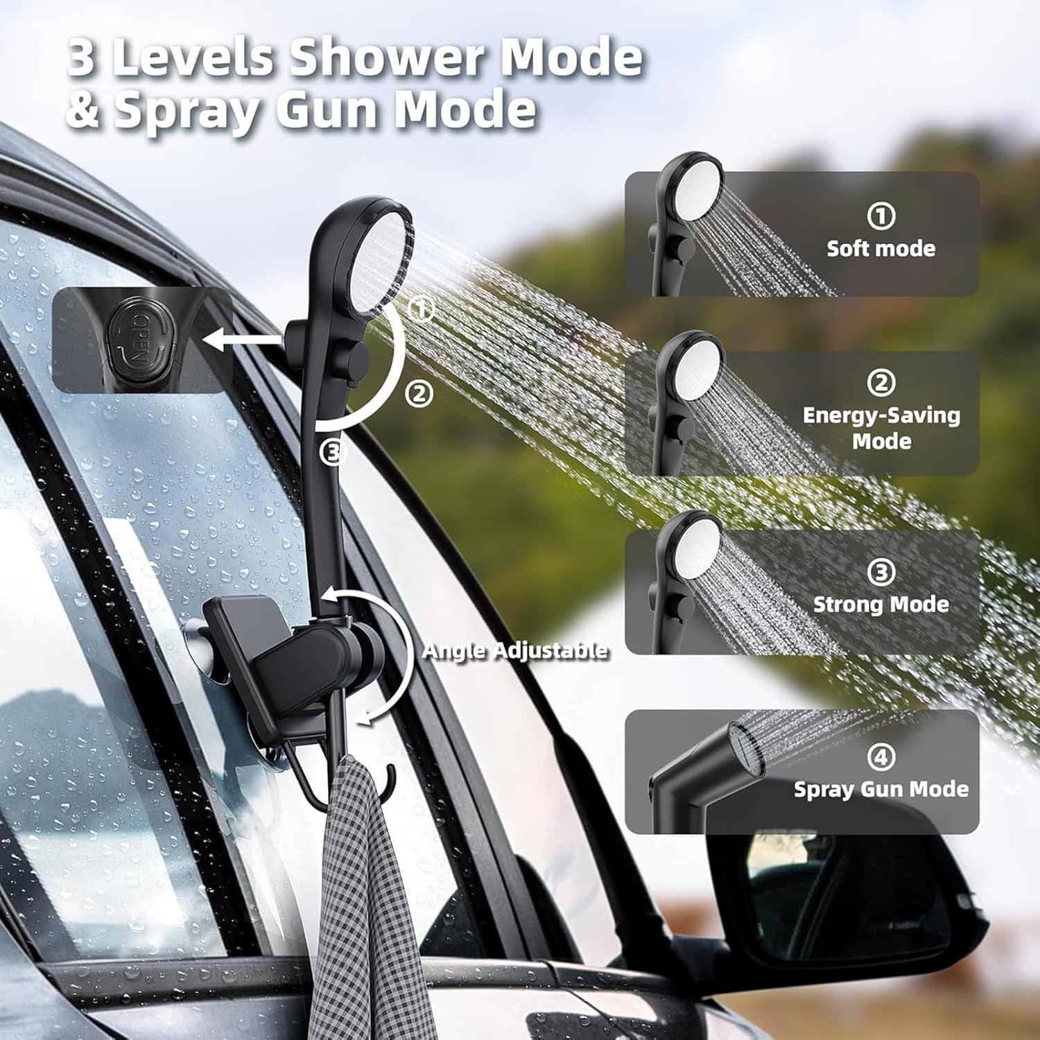 Upgraded Outdoor Shower Set with Suction Cups 3 Modes Camping Bathing Tool for Beach or Pet Bathing Outdoor Shower