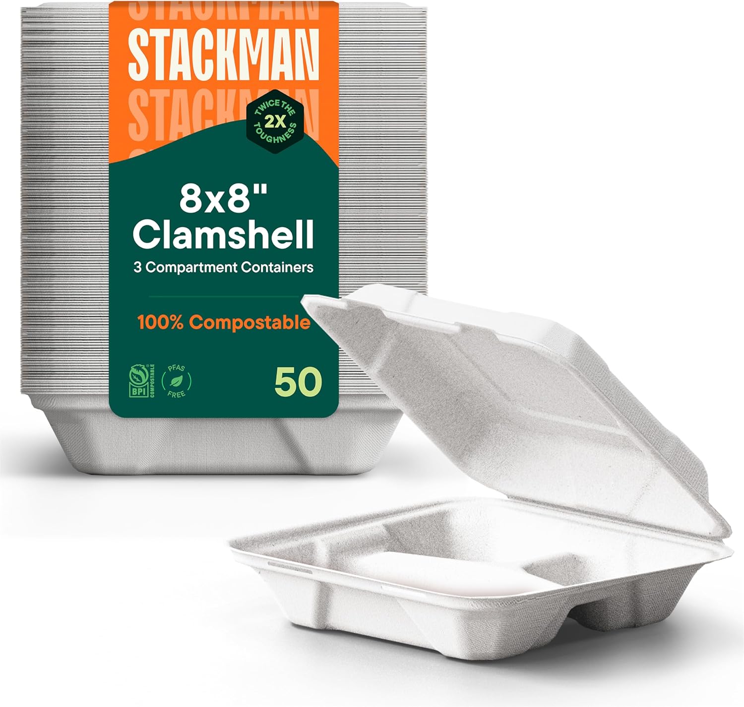 100% Compostable Clamshell Take Out Food Containers [8X8" 3-Compartment 50-Pack] Heavy-Duty Quality to go Containers, Natural Disposable Bagasse, Eco-Friendly Biodegradable Made of Sugar Cane Fibers