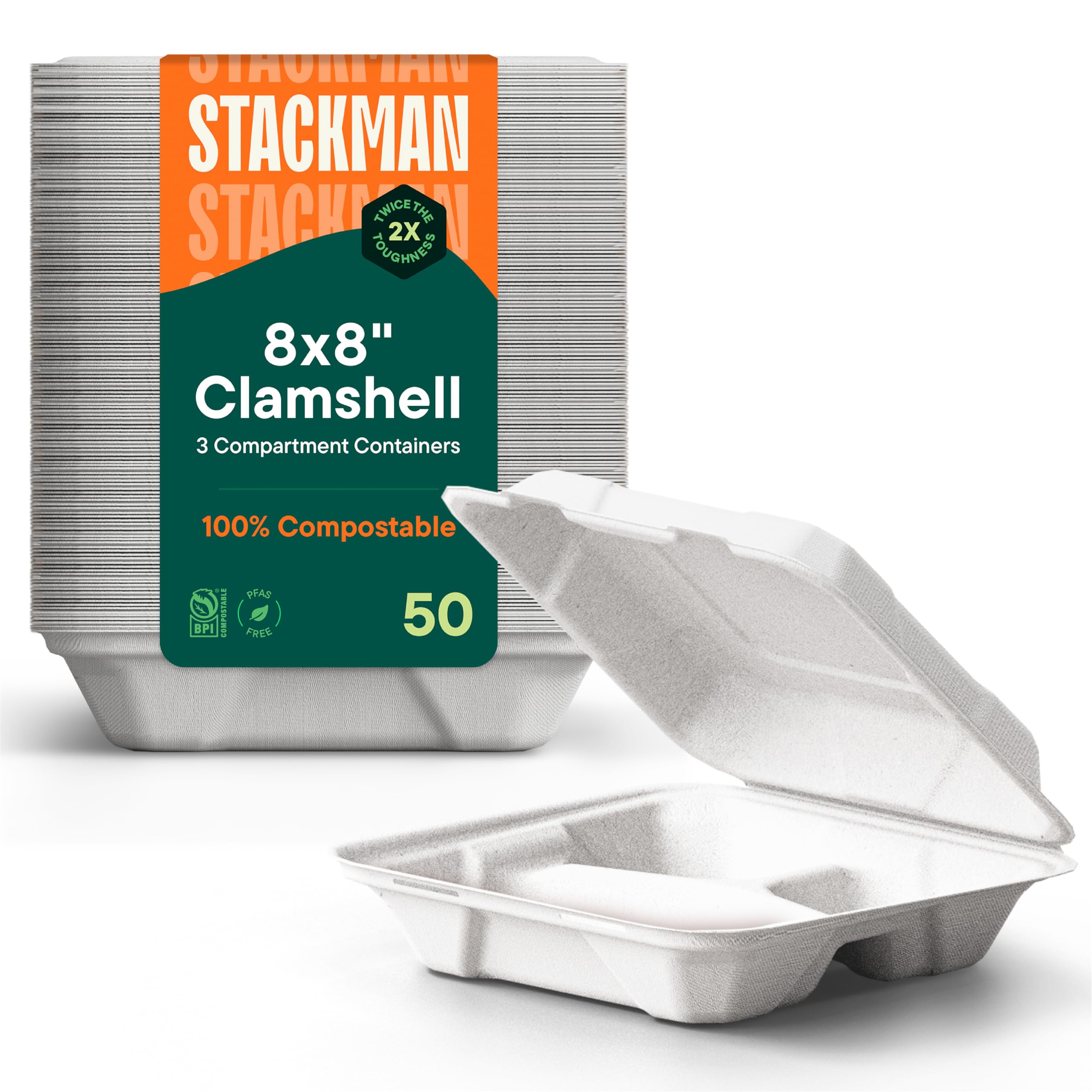 Eco-Friendly Meal Prep Containers 3 Compartment [50-Pack 8x8x3"] Disposable to go Clamshell Food Containers Secure Snap Hinged Lid, Microwave Safe Take Out Lunch Boxes, Made from Renewable Materials