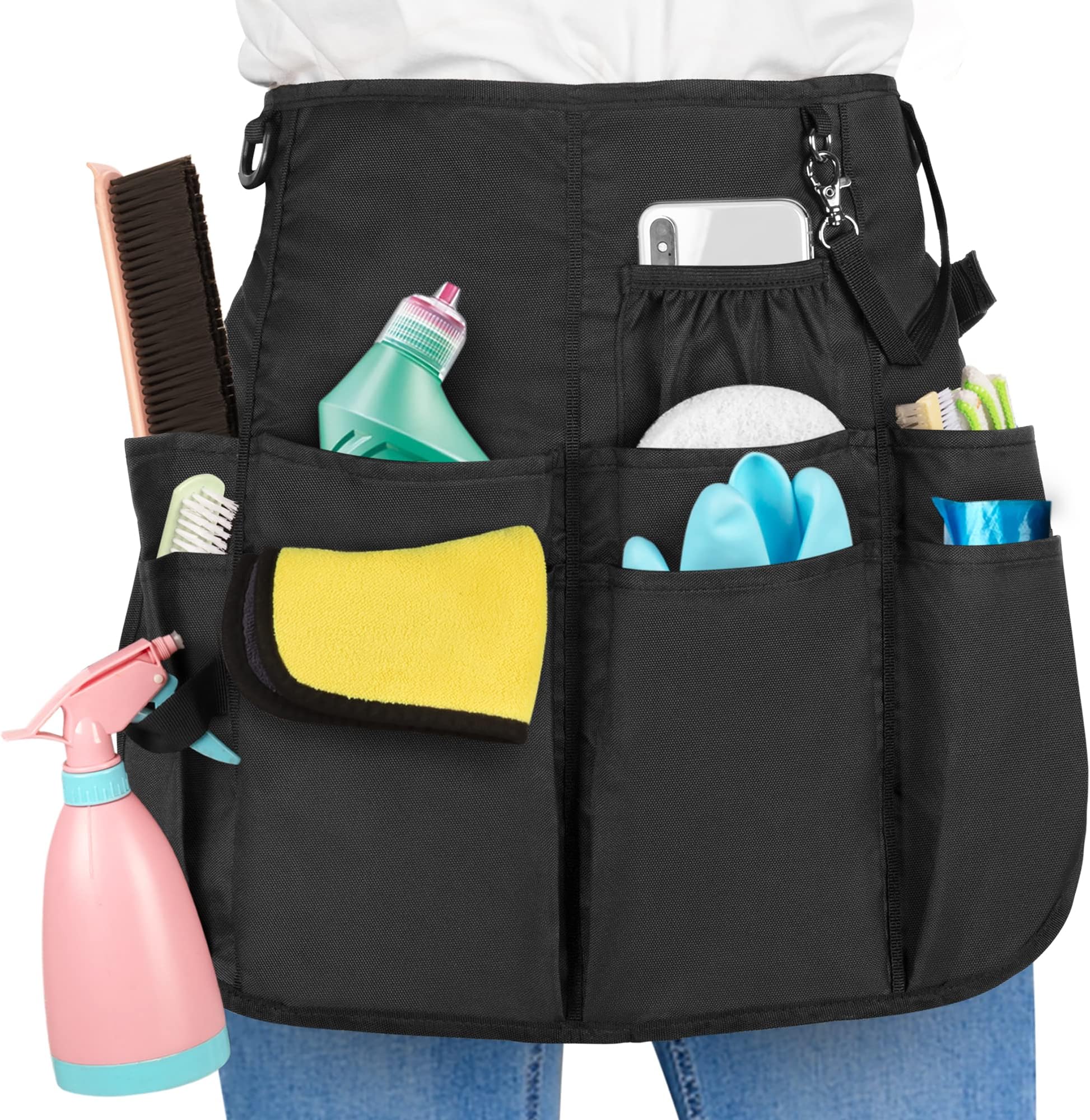 LoDrid Professional Cleaning Apron with 9 Pockets and Adjustable Waist Belt, Water-resistant Speed Cleaning Caddy Aprons for Cleaning Work of House Hotel, Black