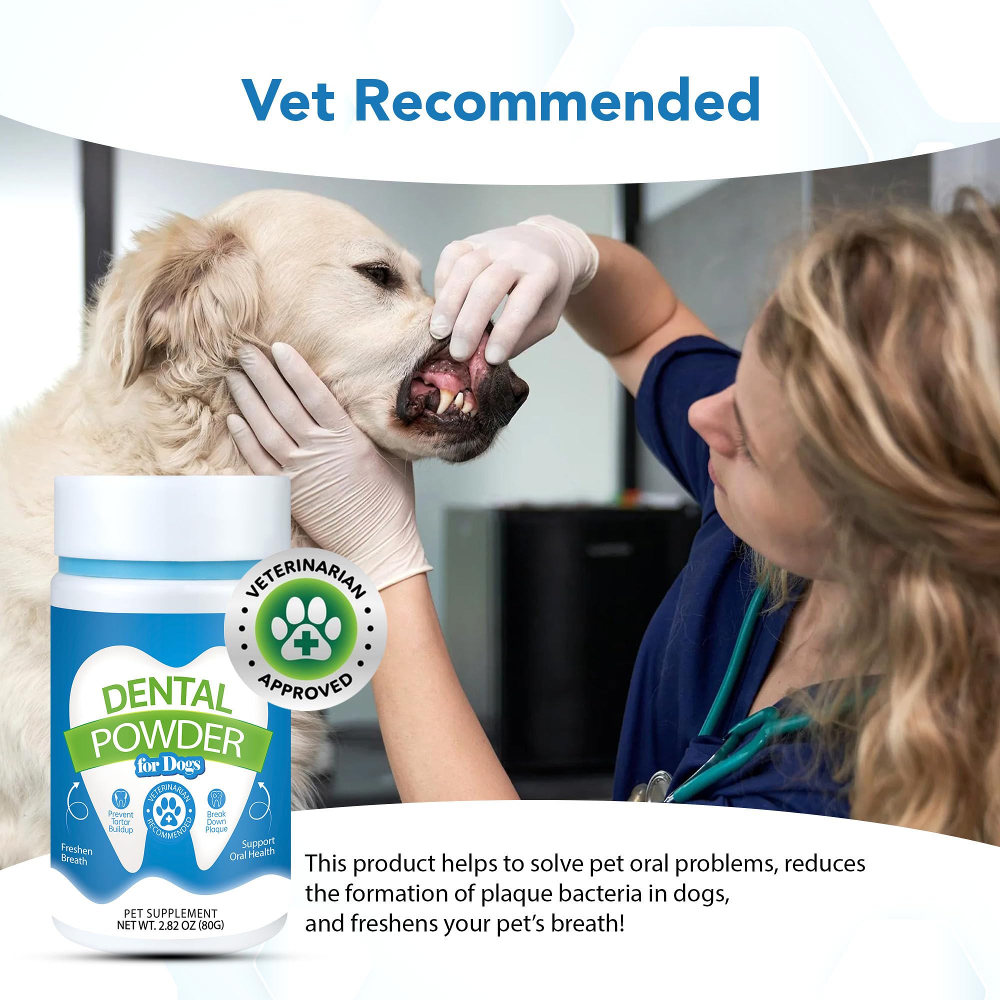 Polvo dental para perros y gatos, removedor de placa y sarro, ambientador de aliento con probióticos, vitaminas y extractos naturales, fácil cuidado dental para perros para todas las