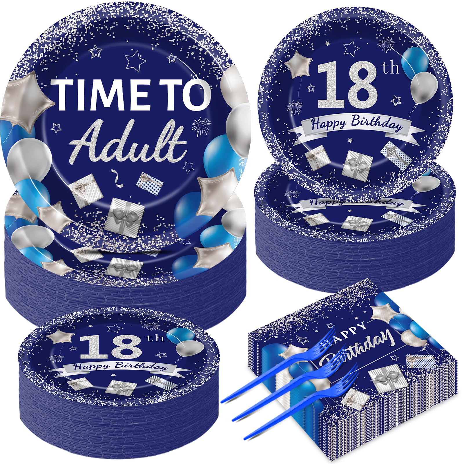 50 Guests 18th Birthday Party Supplies Decoration 18 Years Old Birthday Plates and Napkins Forks Time To Adult Tableware Blue Silver Happy 18th