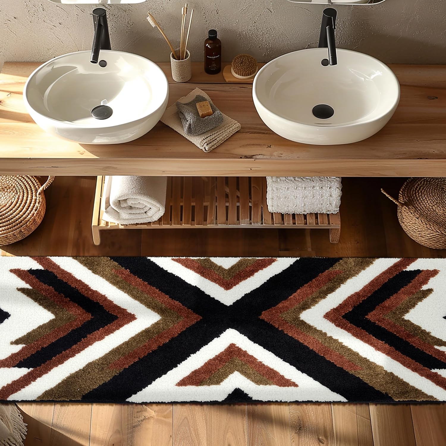 Tyrot Boho Long Bathroom Rugs Runner Non Slip Washable Western Aztec Bath Mats Rugs for Bathroom Hallway Plush Soft Absorbent Farmhouse Carpet for Shower, Kitchen, 20x47 inch, WhiteBrown