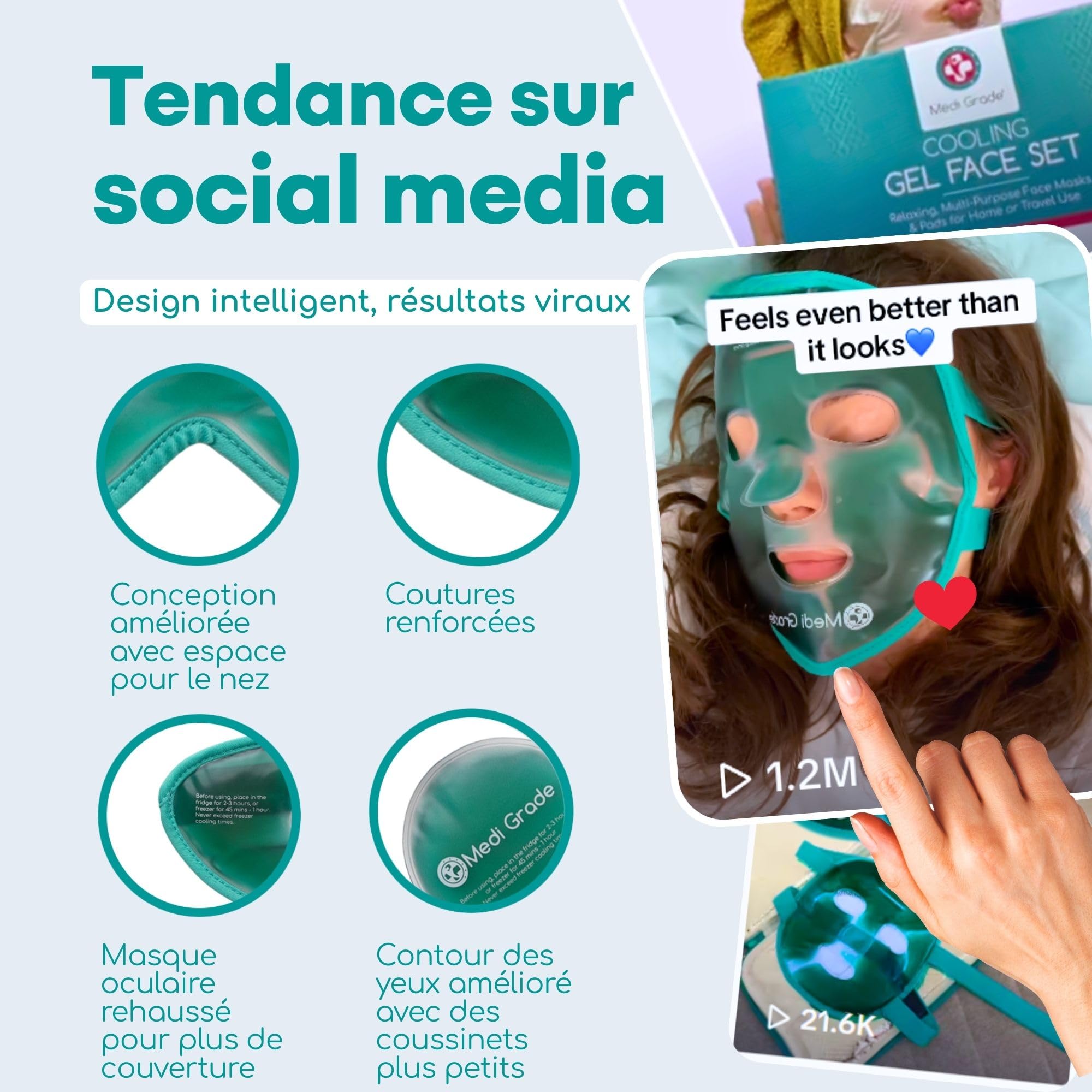 Masque Visage et Masque Anti Cerne Rafraichissant pour le Visage Complet de Medi Grade – Avec Gel Yeux – Pochette refroidissante incluse – Atténue les Poches