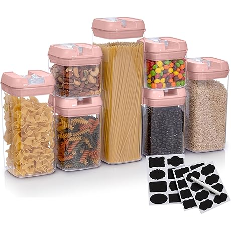 7-Piece Airtight Pink Food Storage Containers with Organizer, Marker, and Labels
