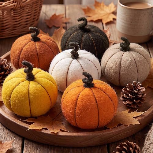 Benjia 6PCS Fall Felt Pumpkins, Handmade Mini Wool Felted Autumn