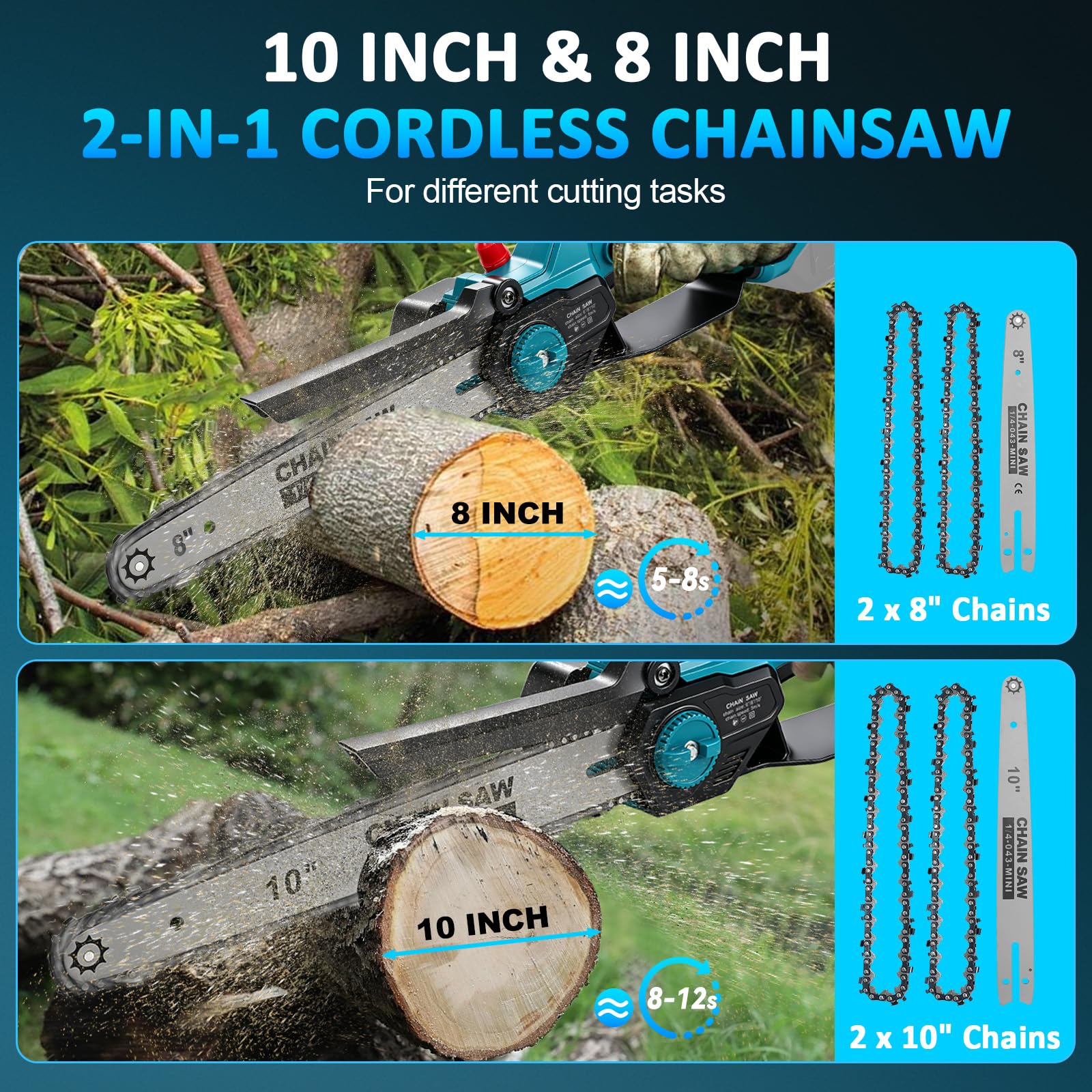 Mini motosierra 2 en 1 de 10 y 8 pulgadas con 4 cadenas, compatible con batería Makita de 18 V, motor sin escobillas de 1000 W, sierra eléctrica para jardín, cuidado de árboles y leña (sin batería ni
