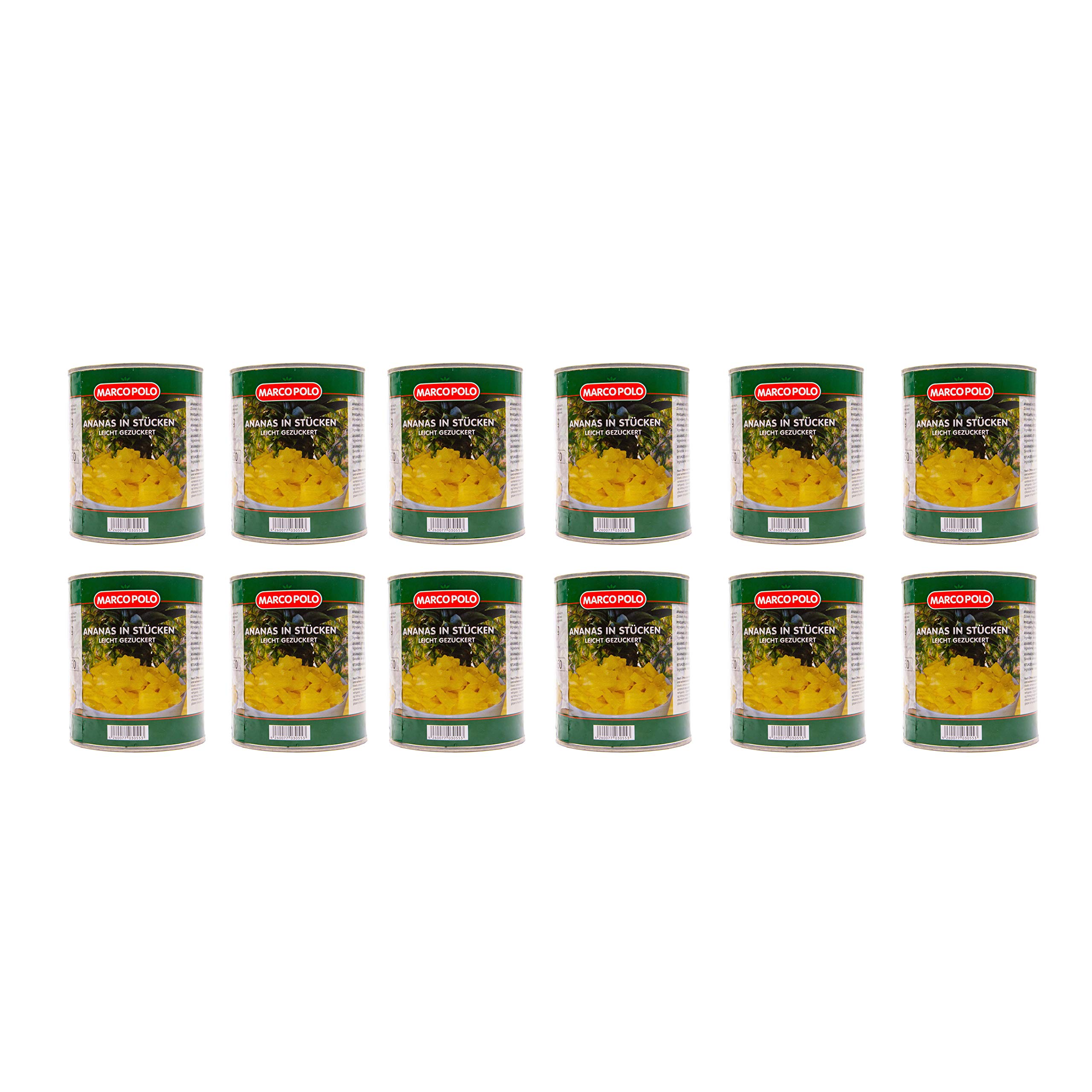 MARCO POLO Ananas in Stücken leicht gezuckert 12 Dosen Füllmenge 825g ATG 490g süß-säuerlich und fruchtig, zart und bissfest Top Produkt aus Thailand reif geerntet