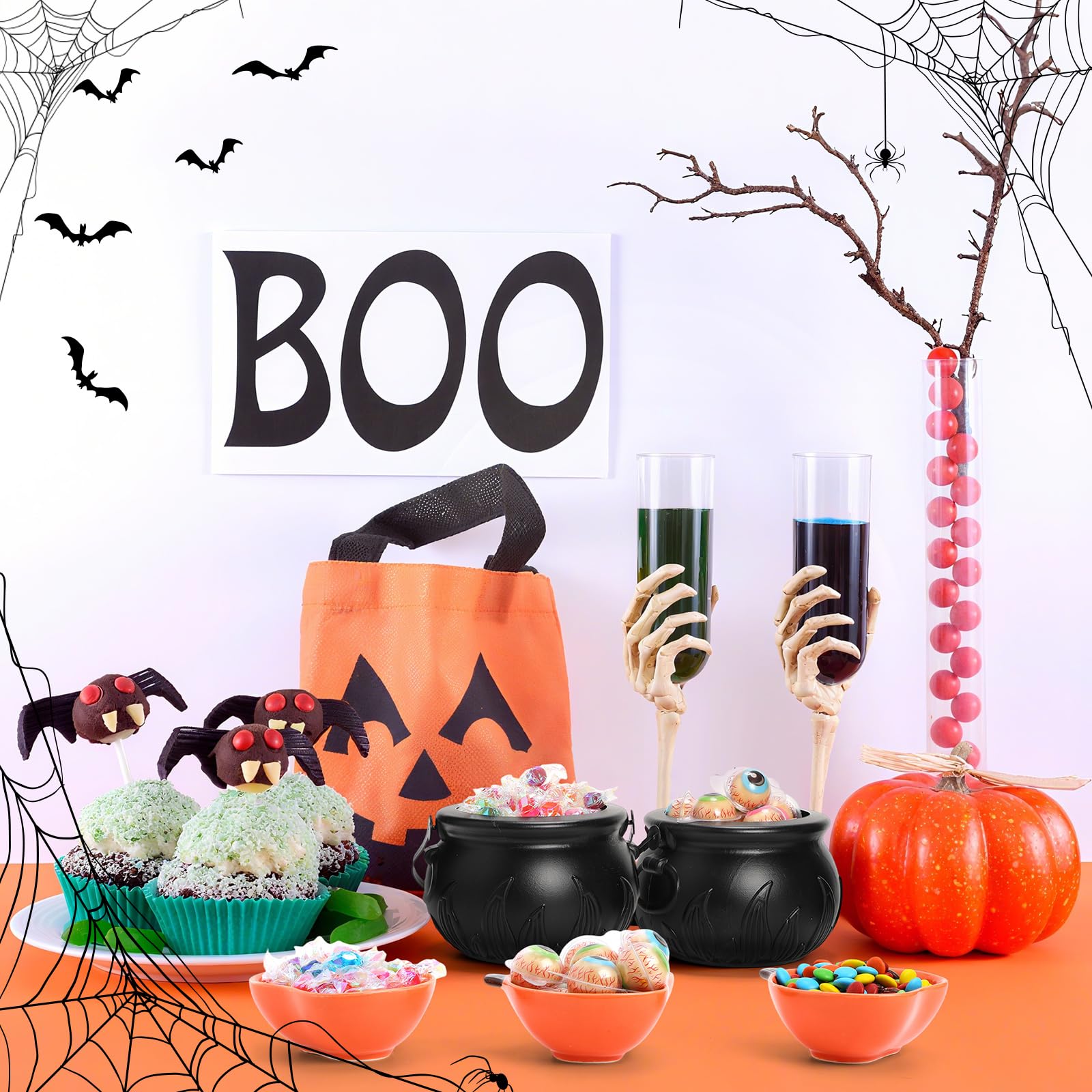 Jingmore 9 Stück Halloween-Party-Dekorationen, 3 Keramik-Hexenkessel, 6 Stück 170 ml Keramik-Schalen, Kürbisförmige Teller für Halloween, Zuhause, Küche, Servieren, Dip-Sauce, Gewürze und Snacks