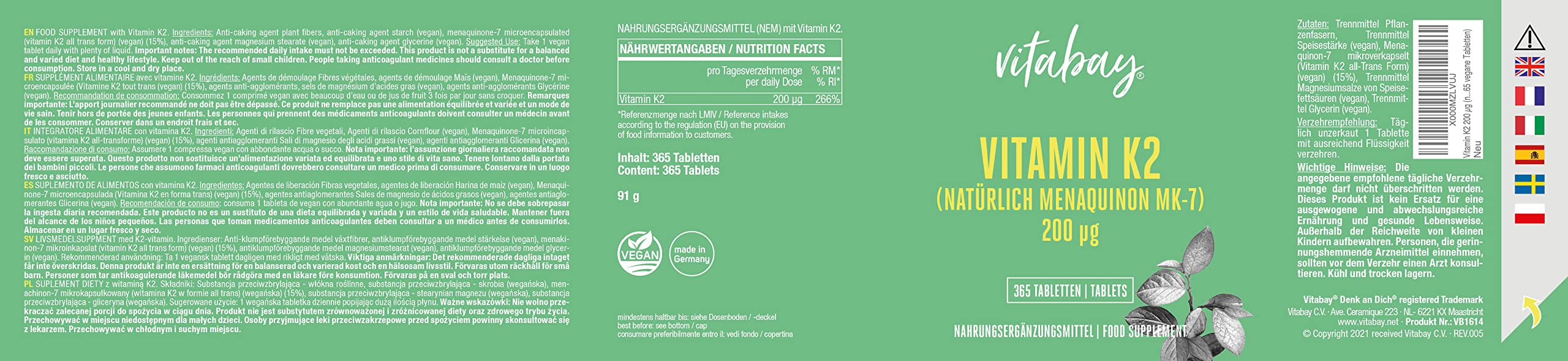 Vitabay Vitamina K2 MK-7 200 µg – 365 comprimidos veganos – Huesos y Coagulación – Alta dosis MK7 All-Trans Microencapsulada – Analizado en Alemania – Suministro para 1 año