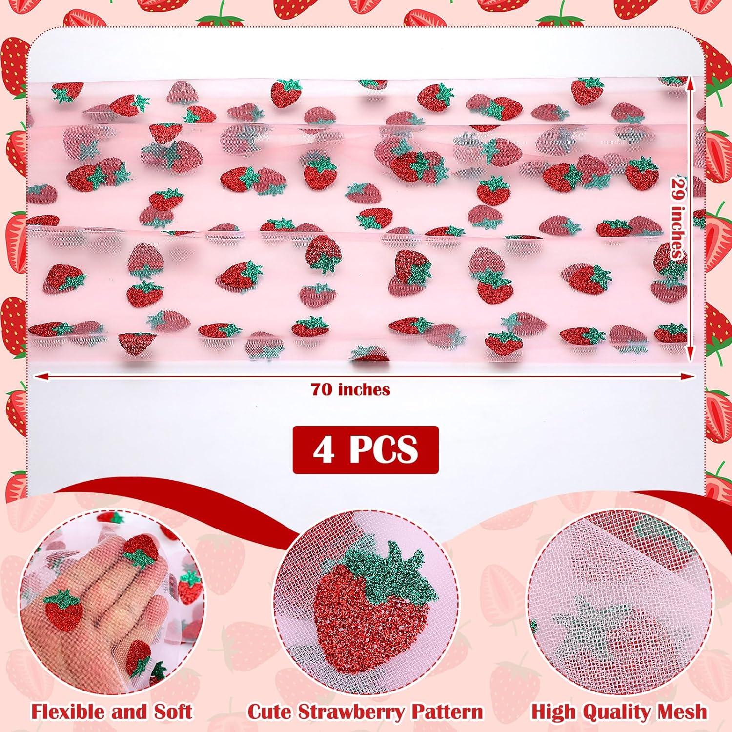 4 Pcs 29 X70 Inch Strawberry Shiny Glitter Tulle Table Cloth Pink Sheer Lace Tablecloth for Party Decorations Birthday Wedding Bridal Shower Party Home Kitchen Table Decor