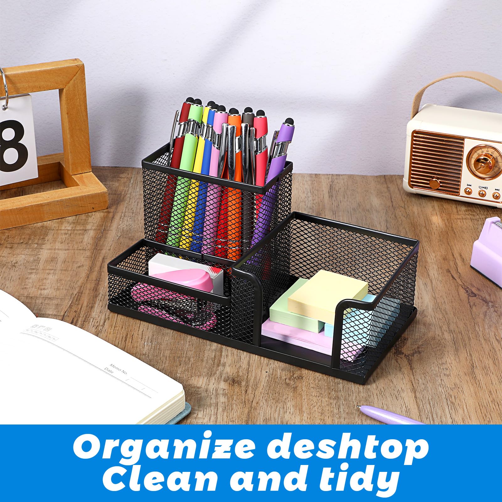 Portalápices de malla para lápices, organizador de escritorio, 3 compartimentos, de alambre, para lápices, suministros de oficina, accesorios para el hogar, oficina, escuela, color negro