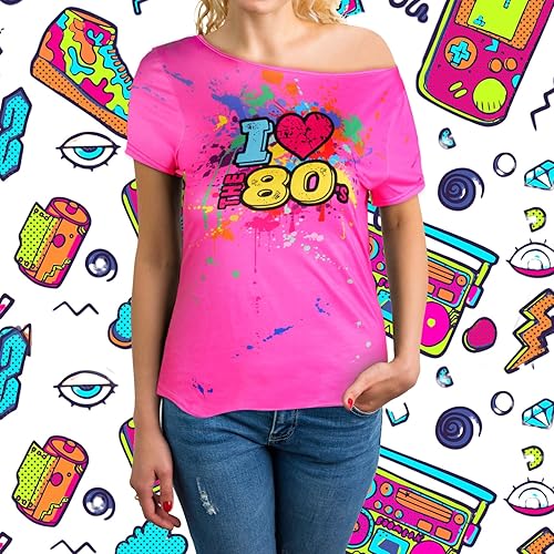 Miniatura 6 de Geyoga Traje de los años 80 para mujer, talla grande, disfraz de los años 80, con hombros descubiertos, camiseta de neón de gran tamaño, Rosa Rojo