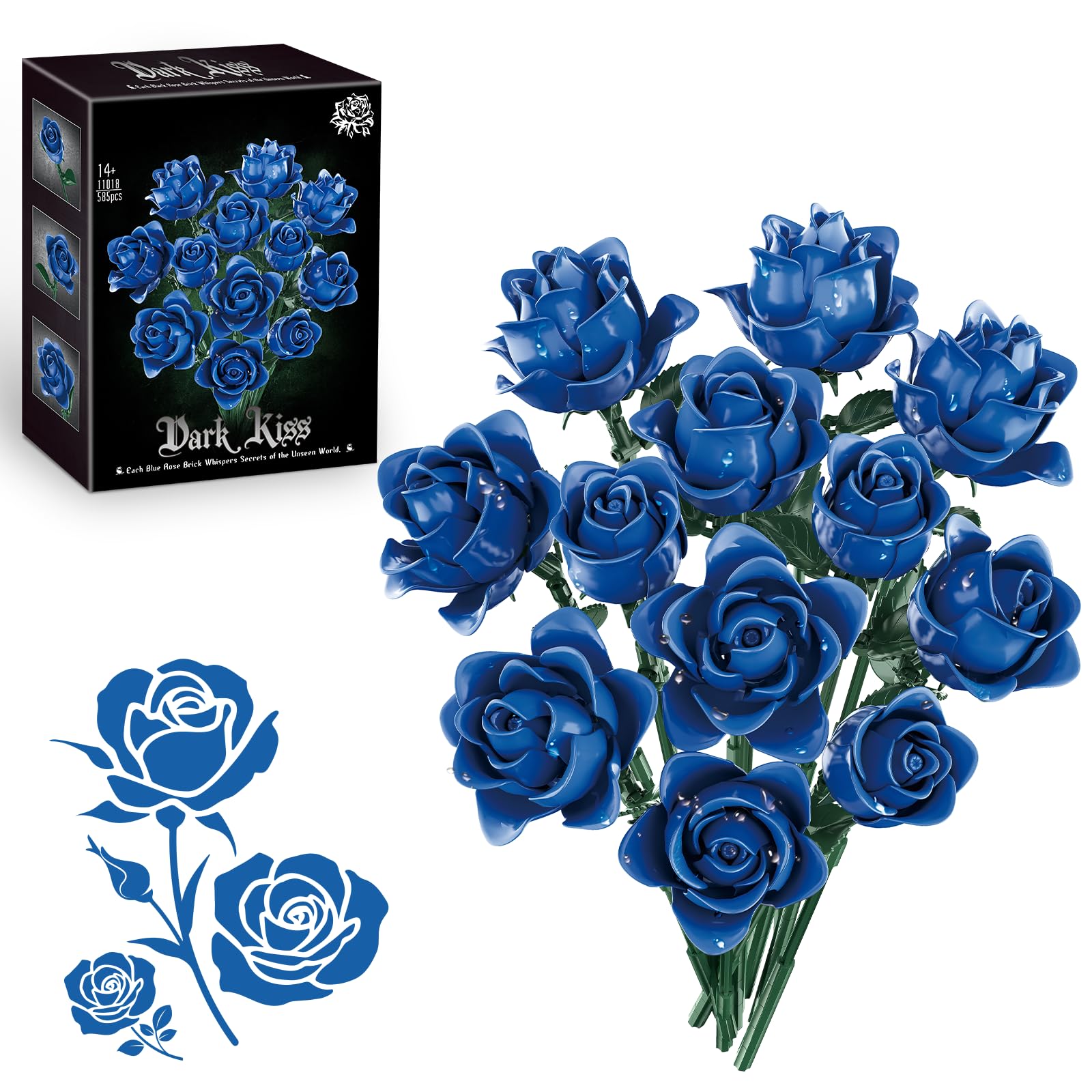 Blue Roses Bouquet Building Set, Artificial Flowers Botanical Collection Blocks Kit DIY Fake Roses for Adults Women Valentines & Mother's Day Girlfriend Gifts - Home Decor