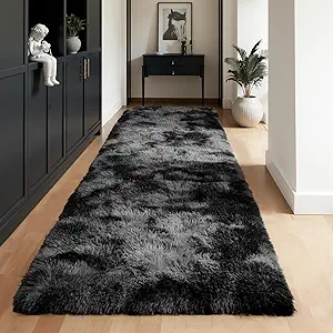 Zentavio Runner Rugs for Hallway 2x6 Shag Soft Bedroom Bedside Rugs Non Slip Fluffy Carpet for Kids Girls Boys Home Decor Aesthetic Dorm Nursery Tie-Dyed Black Grey