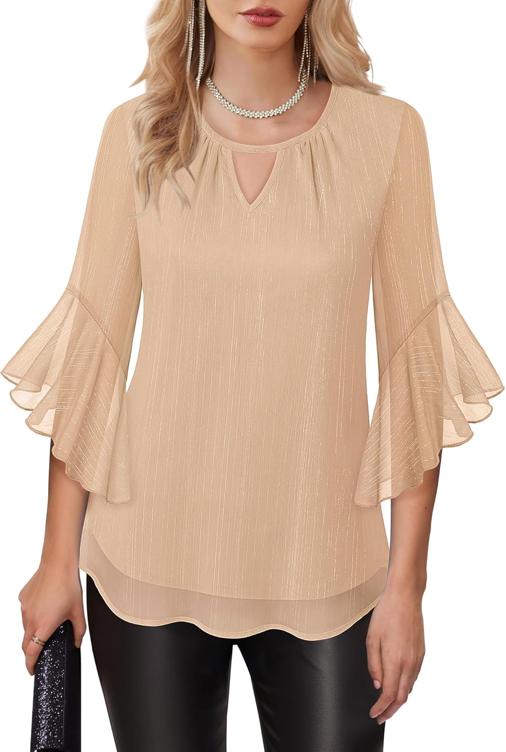 VALOLIA Women's Dressy Tops Elegant Chiffon Blouses 3/4 Ruffle Sleeve Sparkly Cocktail Tops Work Shirts Crewneck - Image 2