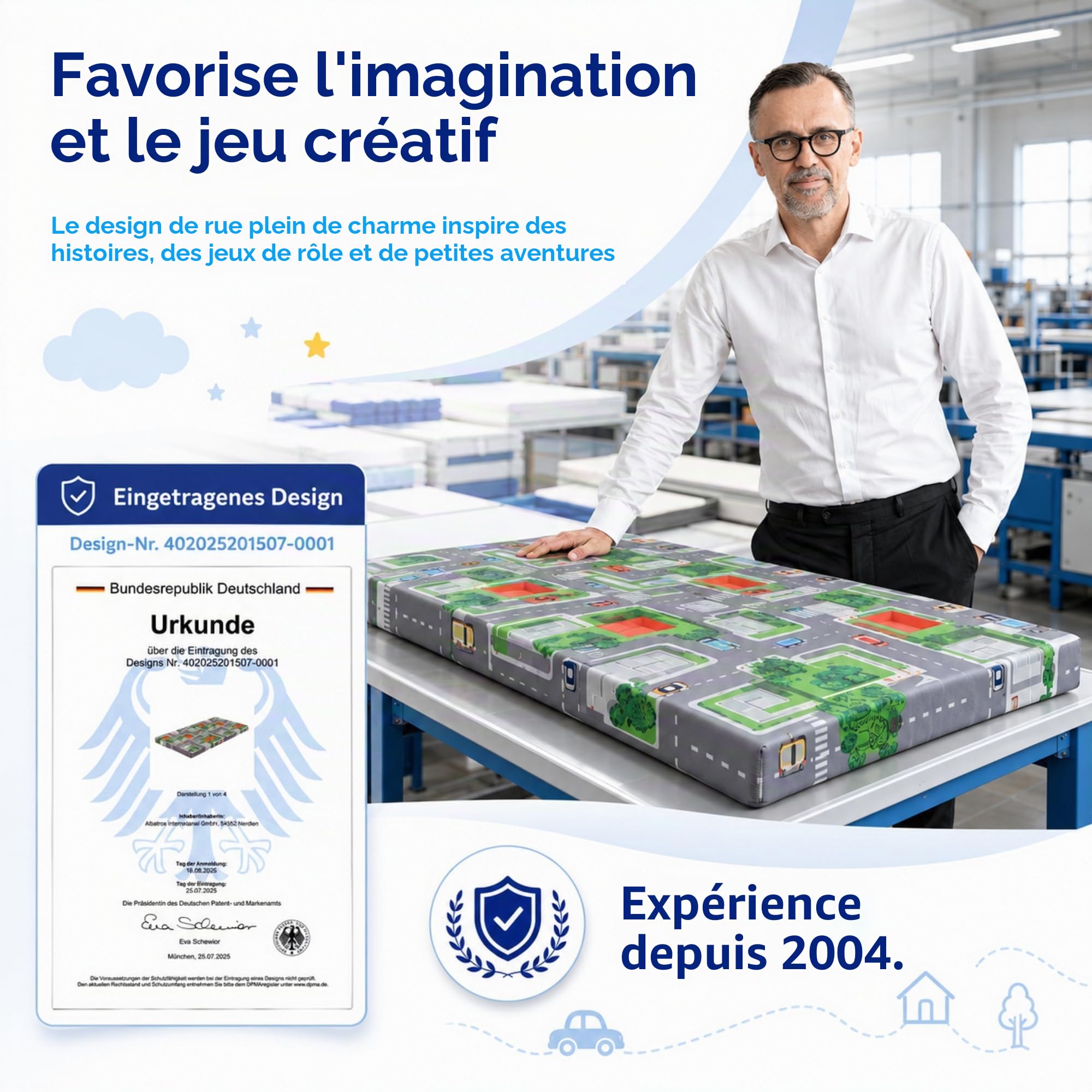Arensberger Matelas de voyage pour enfant - 60 x 120 cm - 6 cm d'épaisseur - Matelas pliable pour bébé et enfant avec motif urbain - Mousse gel Nanocell avec housse amovible et sac de transport