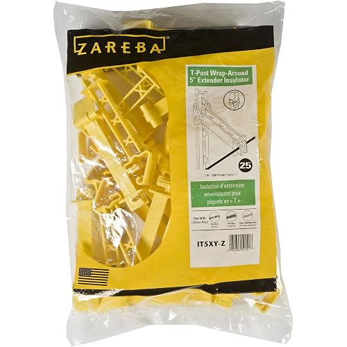 Zareba IT5XY-Z Snap-on 5-Inch Extender Insulator, 25 per Bag, Yelllow | Yellow Insulator for 1.25 or 1.33 Studded T-Post, No Hardware Needed, Livestock Cattle Farm Fencing Systems