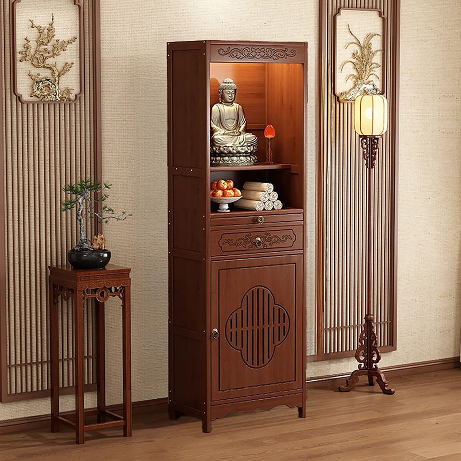 Itetone Walnut Buddhist Altar Table With Storage Drawers, Chinese Buddhist Prayer Altar Cabinet, Temple For Home, Pooja Mandir (, 15 * 13 * 67In)