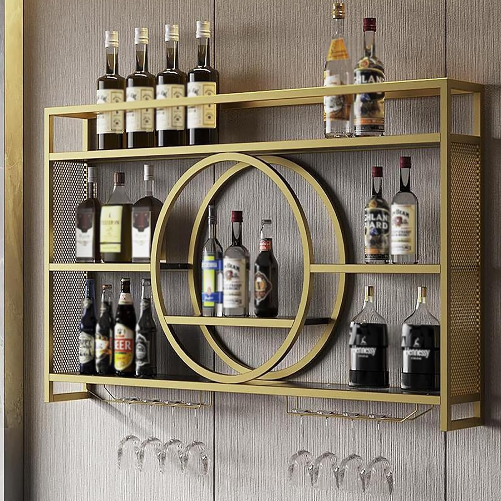 Generico Portabottiglie da Parete in Metallo Moderno - Portabottiglie da Parete Multifunzionale in Ferro e ripiano in Vetro rovesciato per casa, Ristorante e Bar - Elegante vetrina per Esposizione VI
