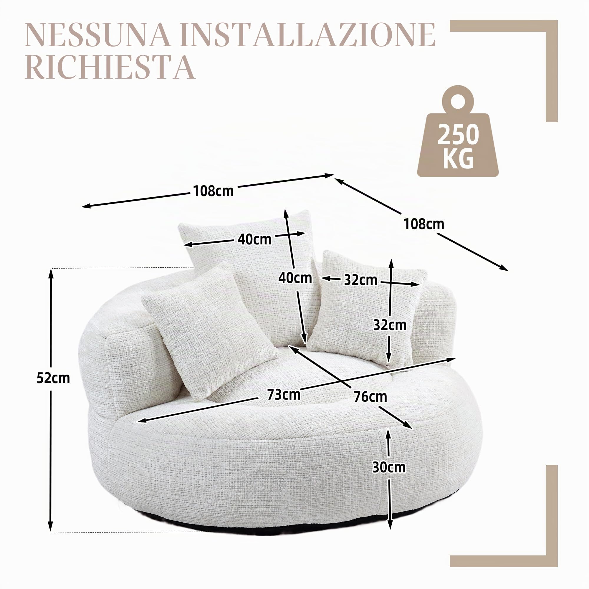 Soweiz Divano Confortevole e Durevole con Poggiatesta Alto, Sacco per Seduta con TRE Cuscini per Adulti e Bambini, Divano Singolo per Gaming per Camera da Letto, Ufficio (Beige)