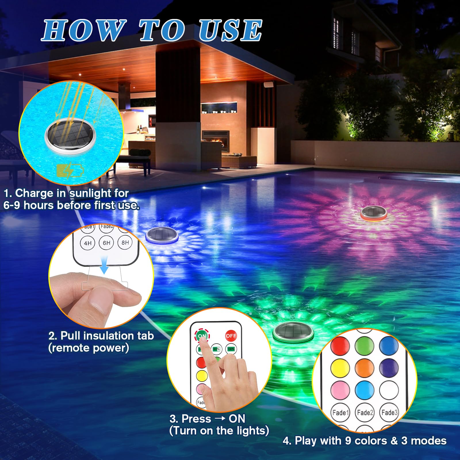 Qoolife Luces Solares Flotantes para Piscina 2 Unidades - Luces Subacuáticas IPX7 Impermeables con Mando a Distancia, 12 Modos de Color, Temporizador, Ideal para Piscinas, Estanques, Halloween y Dec